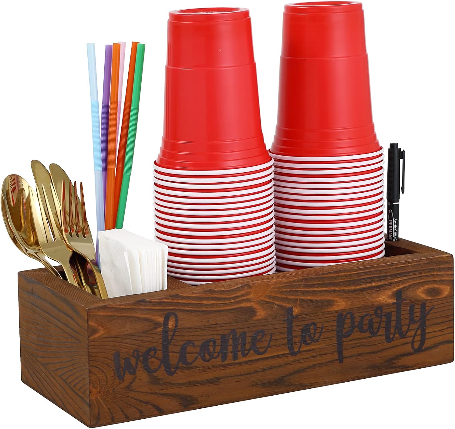 Hude Solo Cup Holder with Marker Slot Wood, Mark Your Cup