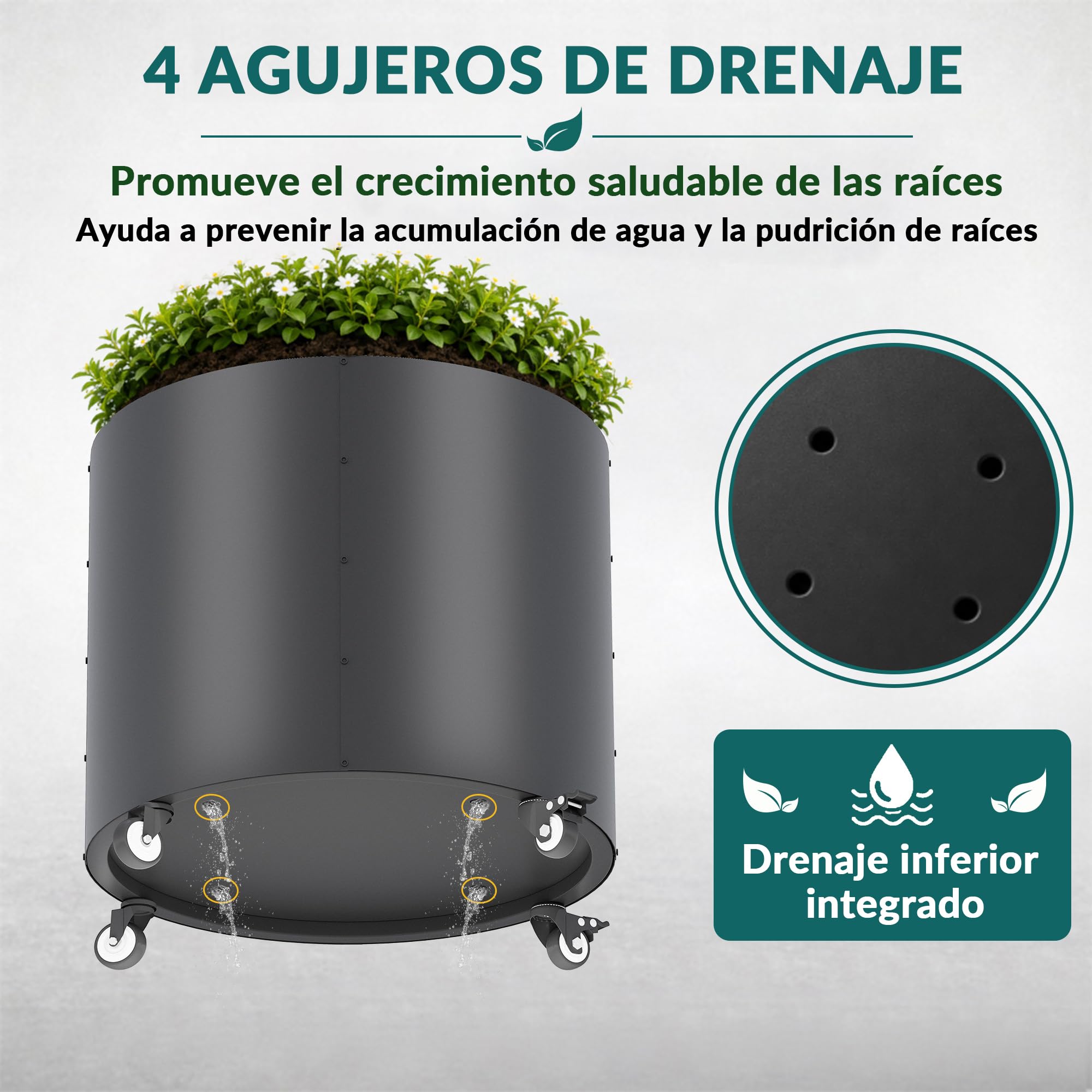 Macetas grandes para exteriores, Ø 61 * 56 cm de alto, de metal con ruedas, 150L para árboles de limón y verduras, 4 agujeros de drenaje para el balcón, jardín (2 piezas)