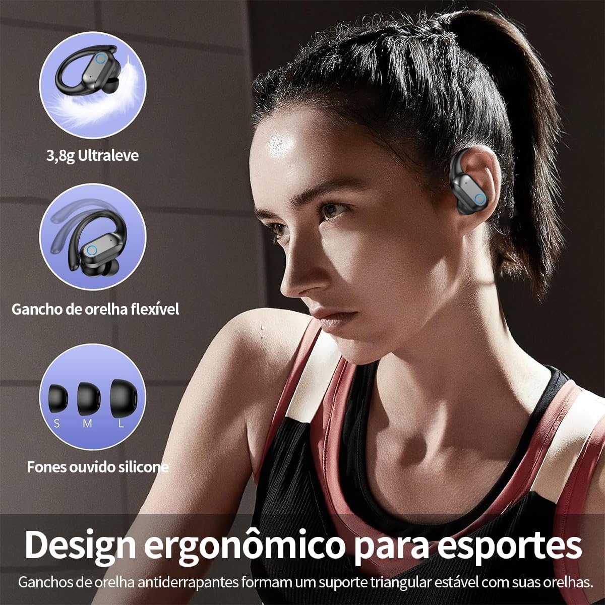 Fone Bluetooth Esportivo com Microfone e Cancelamento de Ruído Ativo Fones de Ouvido Abertos Sem Fio com Visor Digital de LED Bluetooth 5.3 48 Horas de Reprodução, Compatível com Android iOS, Preto