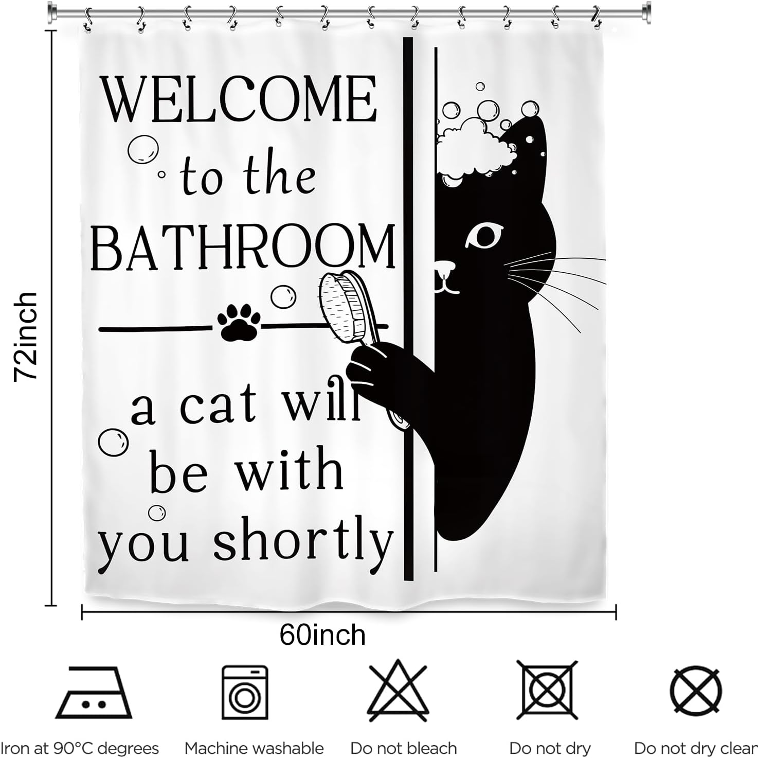 Funny Hilarious Black Cat Shower Curtain 60Wx72L Inch Black White Cute Pet Animal Interesting Bathroom Set Accessories Decor with 12 Pack Hooks image 3