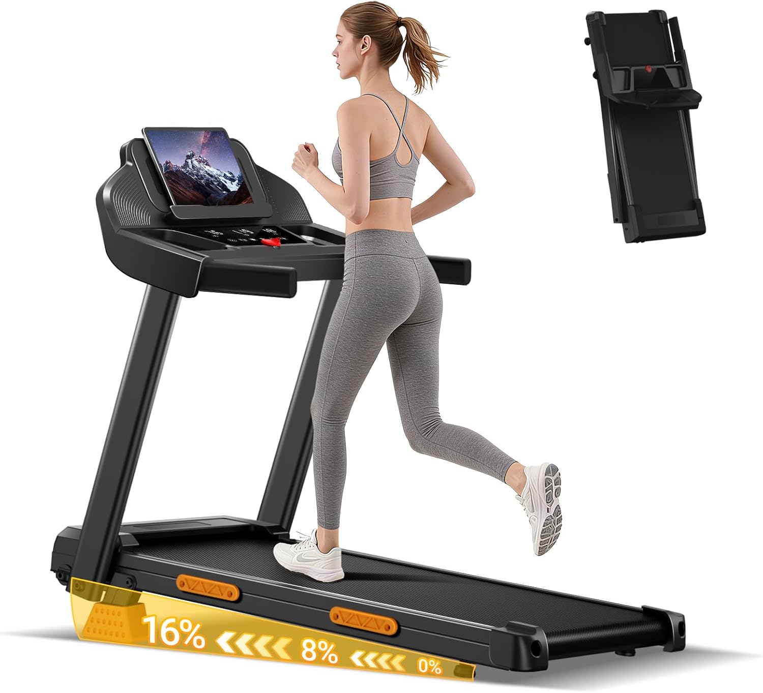 16% Incline Treadmill with Handle, 4-in-1 Foldable Treadmill with Triple-Screen Console, 3.0HP Quiet Brushless Treadmills for Home and Office Use