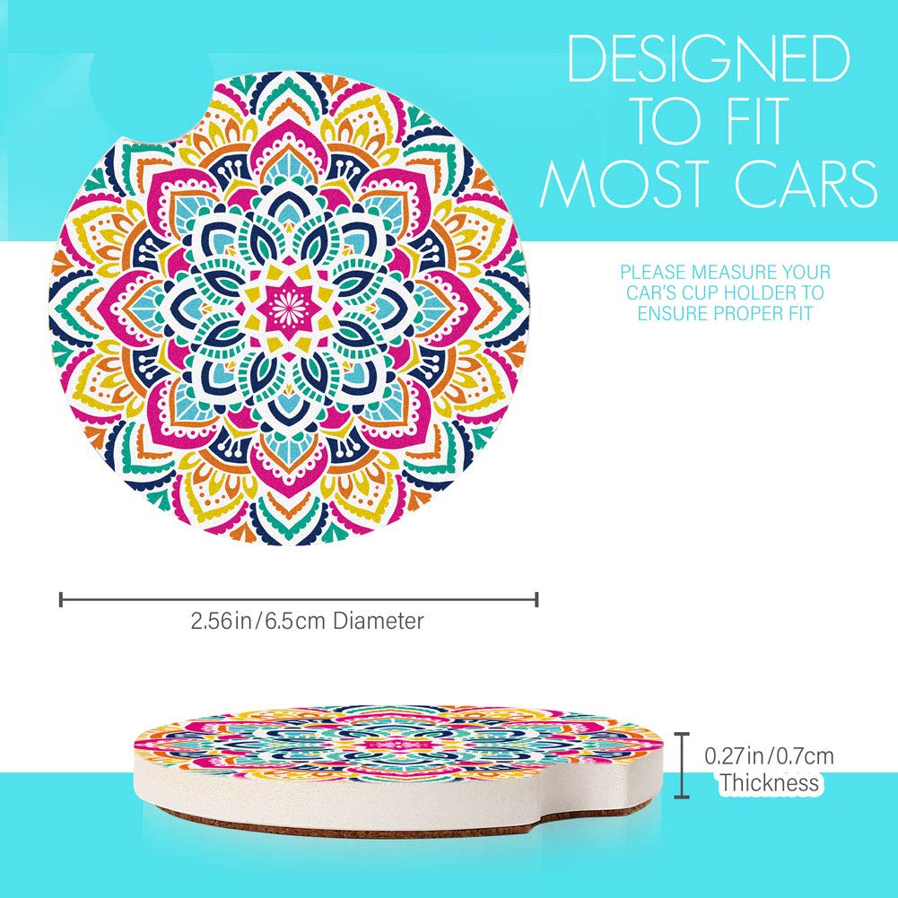 LotFancy Car Coasters Ceramic, 4PCS Boho Absorbent Car Cup Holder Coasters, 2.56inch, Mandala Style for Women Men, with Finger Notch & Cork Base, 4 Patterns