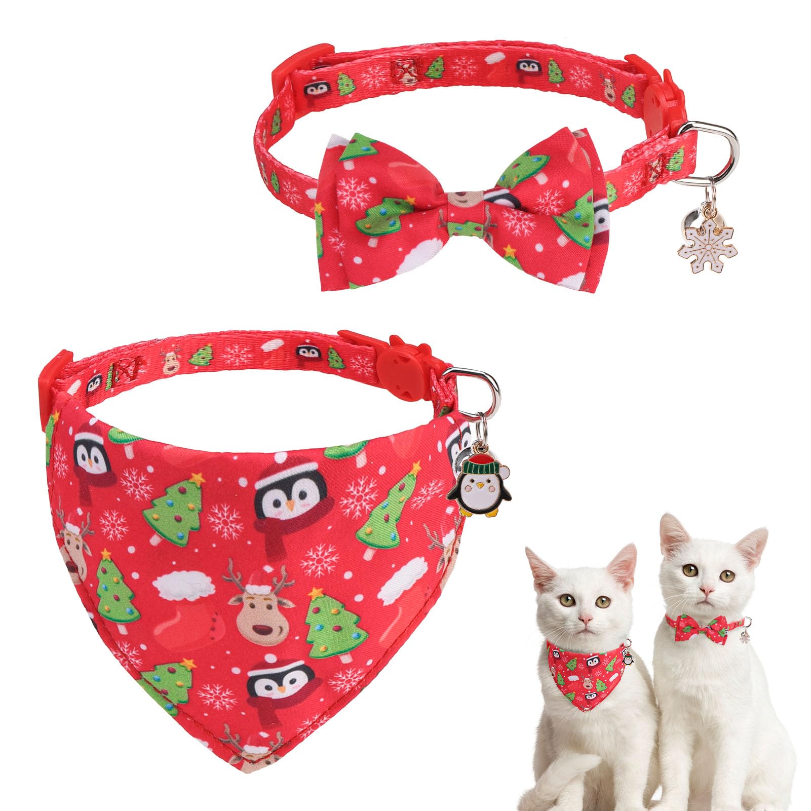SCENEREAL Christmas Cat Bandana Collar with Bell Bowtie - 2 Pack Breakaway Kitten Collars, Adjustable Cute Pet Accessories for Cats and Small Dogs — image 1