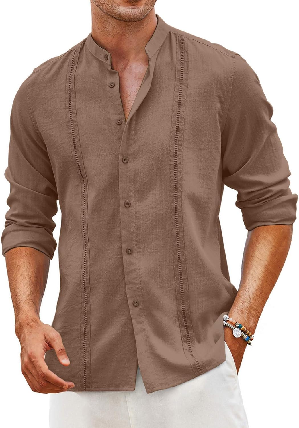 COOFANDY Men's Cuban Guayabera Shirt Casual Long Sleeve Button Down Shirts Band Collar Linen Summer Beach Shirt