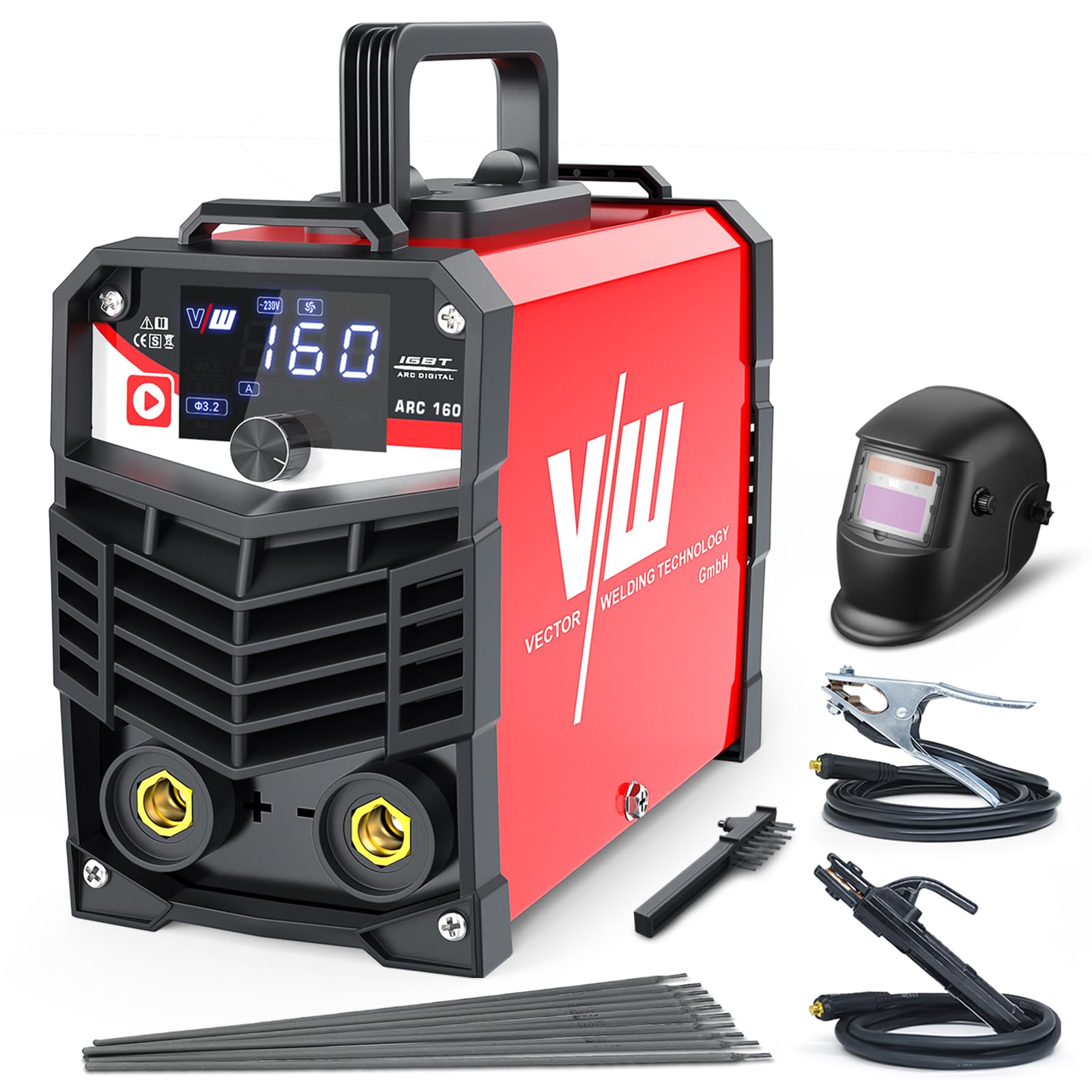 VECTOR WELDING Máquina de Soldar Electrodo MMA 160A, Soldador de Electrodo Inverter con Pantalla LED, Grupos Soldar Electrodo IGBT con Casco de Soldadura