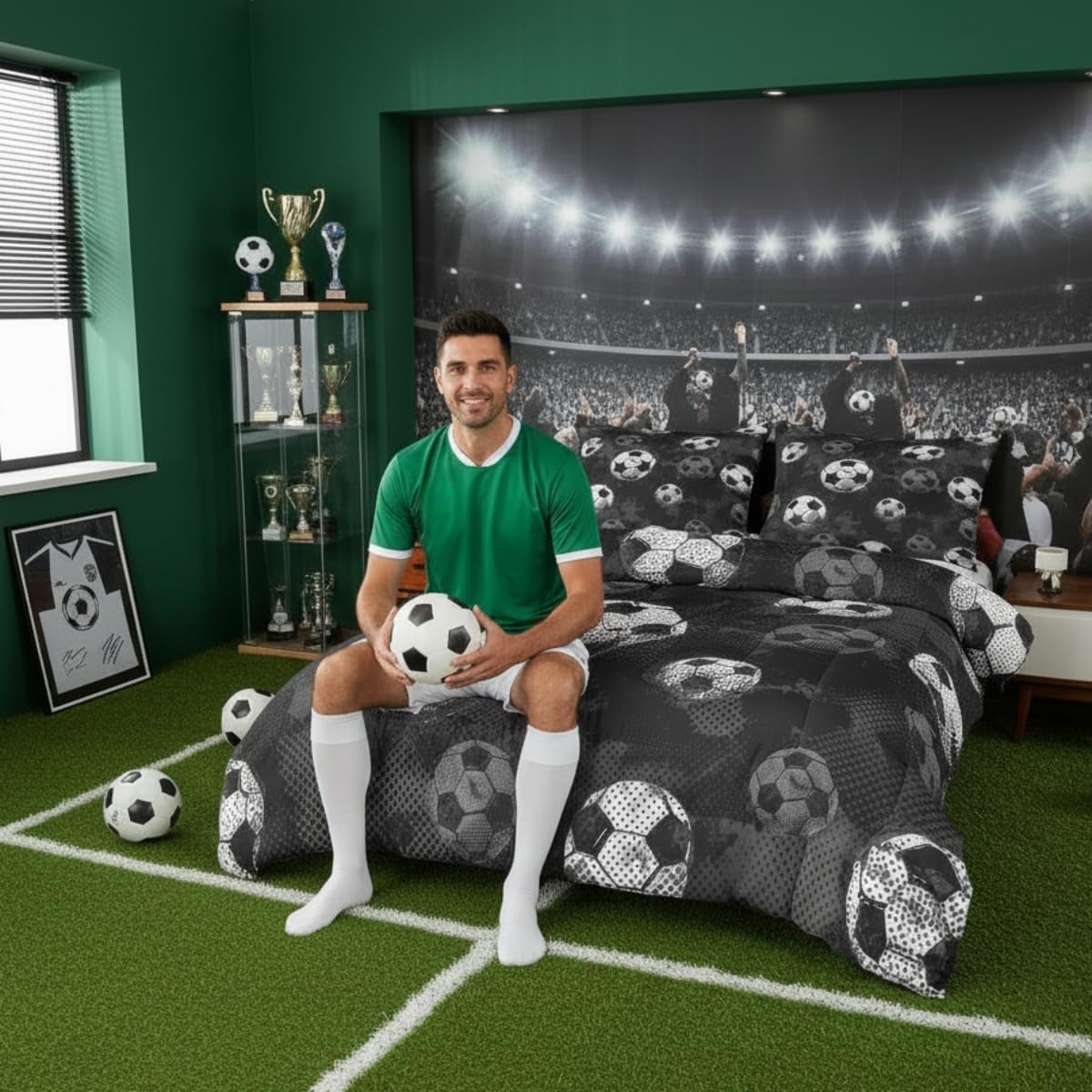 Erosebridal Soccer Bedding Queen Football Comforter Sets for Boys Sports Duvet Ball Game Themed Room Decor Girls Teens Gray Black Microfiber All-Season Down Comforter Luxury 3 Piece with 2 Pillow Sham