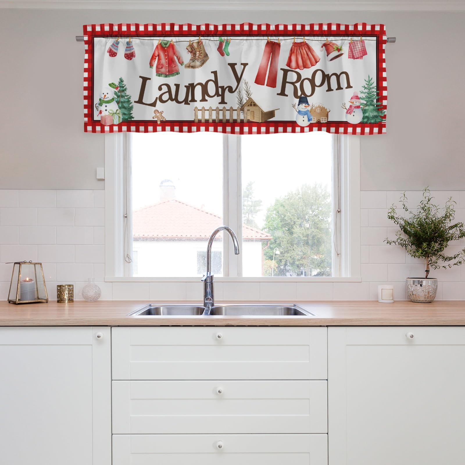 Christmas Snowman Tree Valance Curtains,Curtain Valance Window,Blackout Valance Curtains,Curtains Rod Pocket Valances,Farmhouse Country Curtains for Bedroom Living Room Kitchen Laundry Room Decor