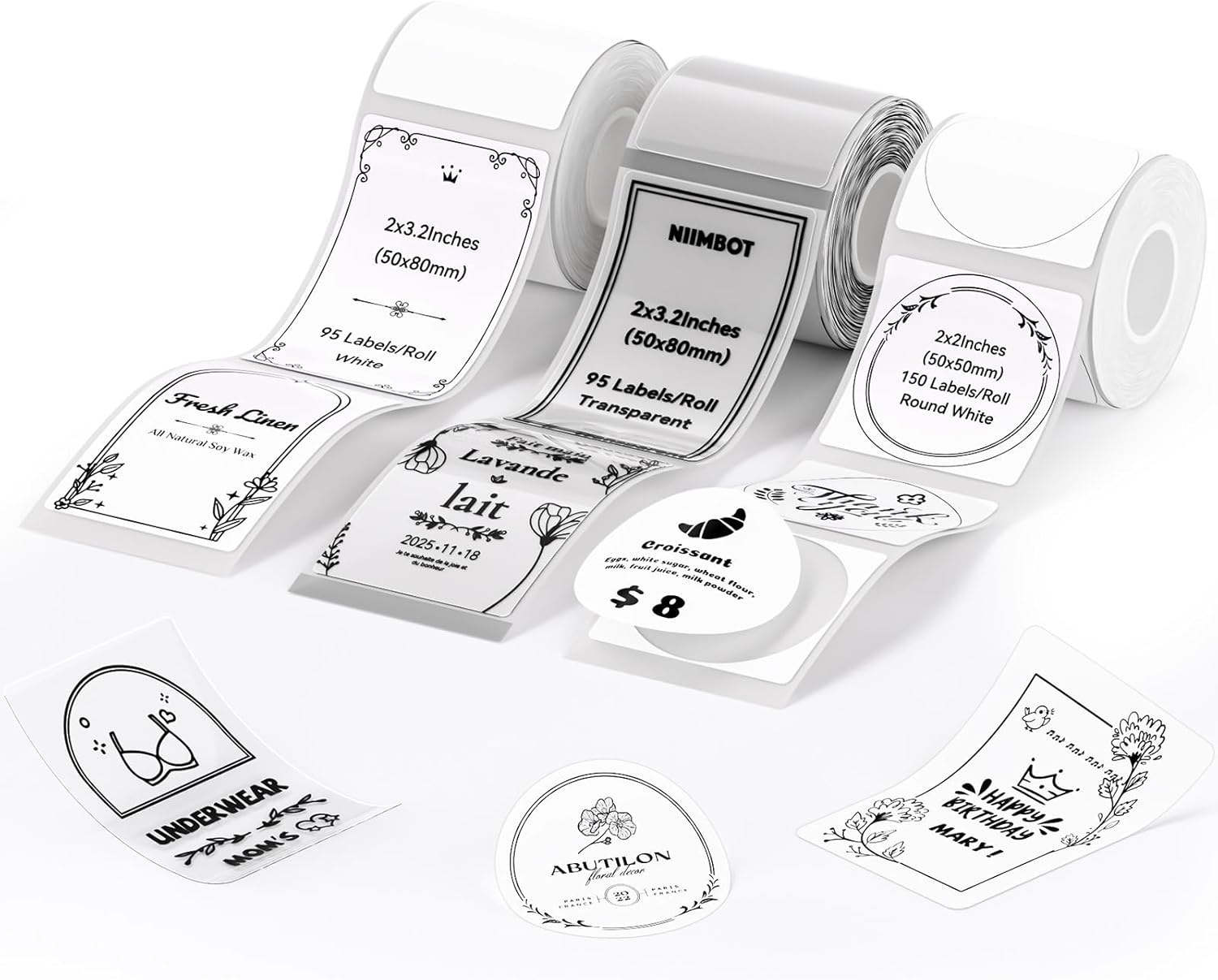 NIIMBOT 3 Roll Labels for B1/B1 Pro/B2/B2 Pro/B21/B21 Pro Label Maker,Assorted Sizes Label Paper Set for Business/Handmade/House/School/Office
