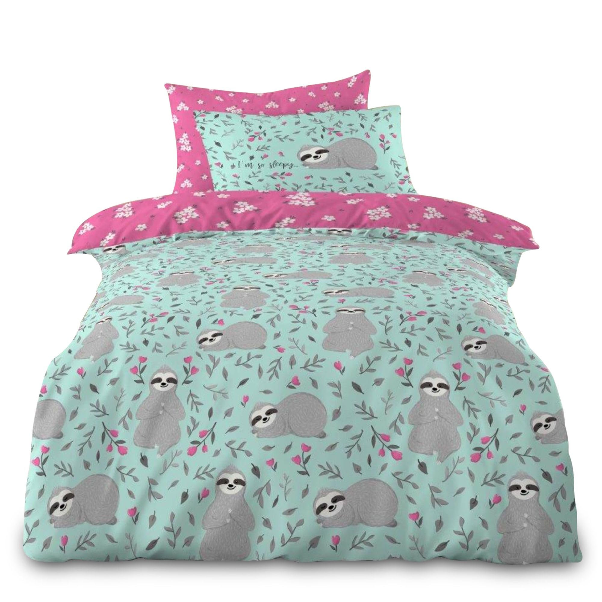 VELVETIO Animal Duvet Cover Set with Pillowcase, Soft Polycotton Kids Bedding Bedset Single, Boys & Girls Reversible Sleepy Sloth Comforter Coverlet, Multi