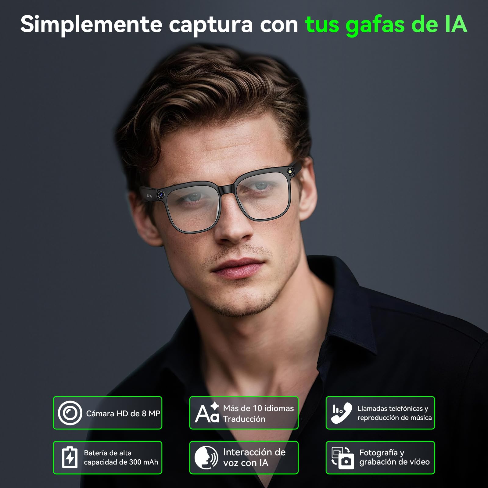 Hwagol Gafas Inteligentes IA, Gafas con Camara 8MP, Smart Glasses con Fotografía/Grabación/Llamadas Bluetooth/Música/Traducción/Reconocimient Imágenes