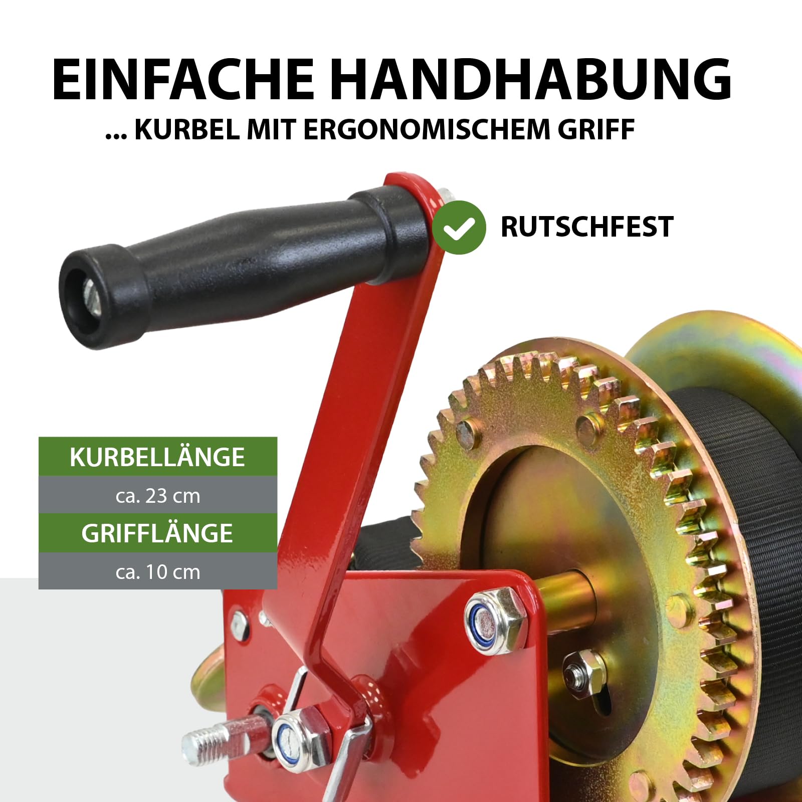 TRUTZHOLM Gurtwinde Zugkraft 1600 kg 3500 lbs Polyestergurt Gurtlänge 10 m Gurtbreite 5 cm Lasthaken mit Sicherheitsbügel Rücklaufsperre 23 cm Handkurbel ergonomisch Bootswinde Handwinde
