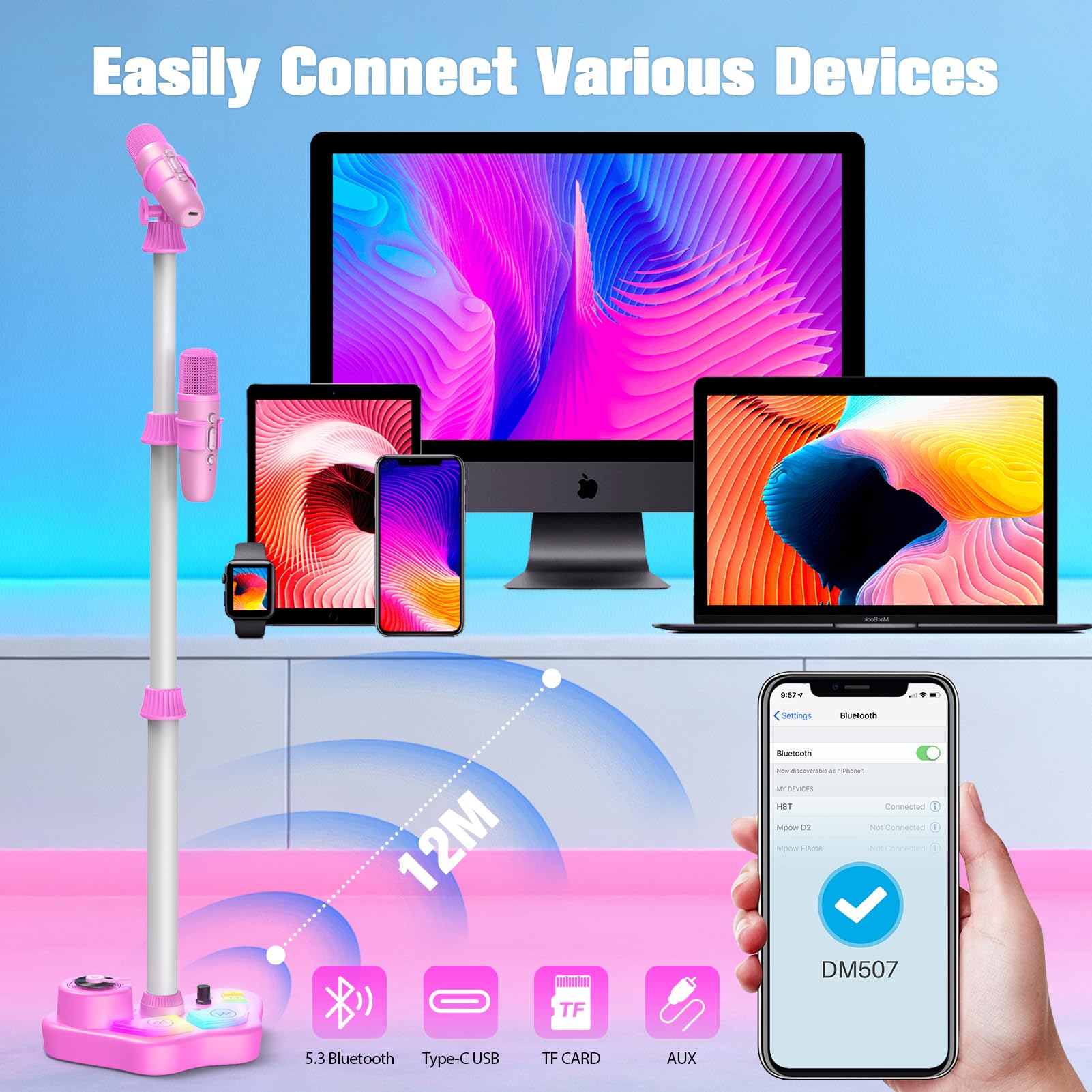 Dislocati Microfono Karaoke per Bambini con Supporto Regolabile, 2 Microfoni Wireless, Luci LED, Altezza Regolabile 40-98 cm, Regalo per Bambini 3+ Anni (Rosa)