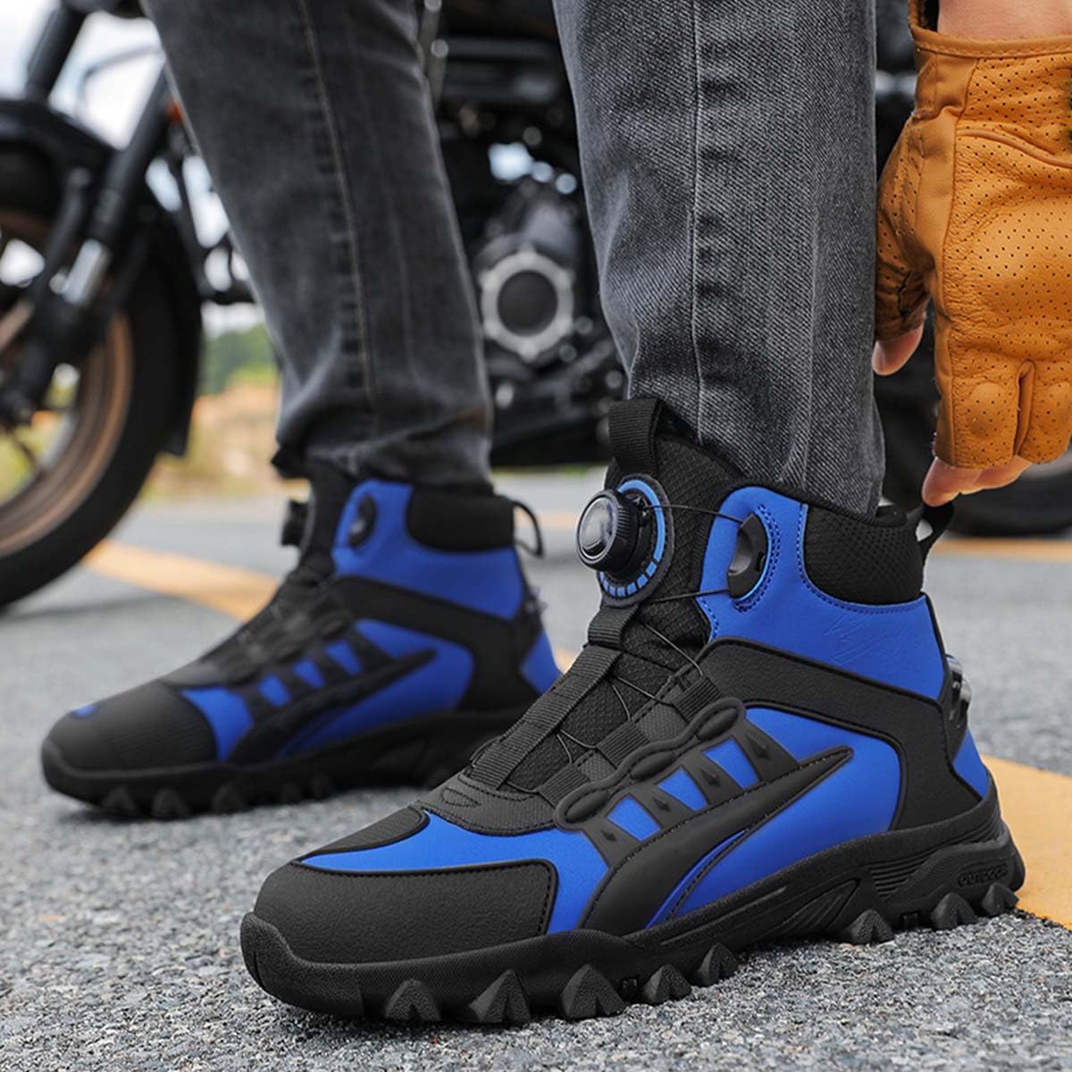 Stivali da Moto Uomo in Pelle Stivali da Motocross Racing | Stivaletti da Moto bassi, Protezioni per la Caviglia, Dita Rinforzate, Comfort Ergonomici, Suola Rinforzata
