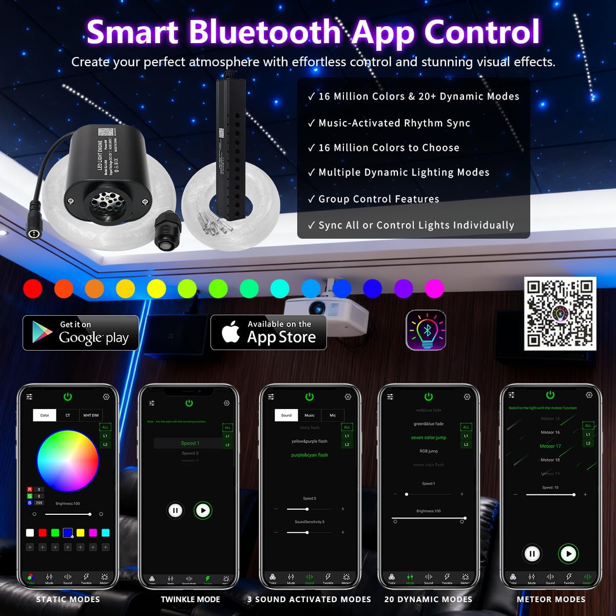 6W Mini Size RGBW Twinkle+White Meteor+Music Sync APP Fiber Optic Lights Kit, Shooting Star Fibers+600pcs 0.03in 9.8ft/3m Fibers APP Fiber Optic Star Light for Home/Car Headliner Starlight