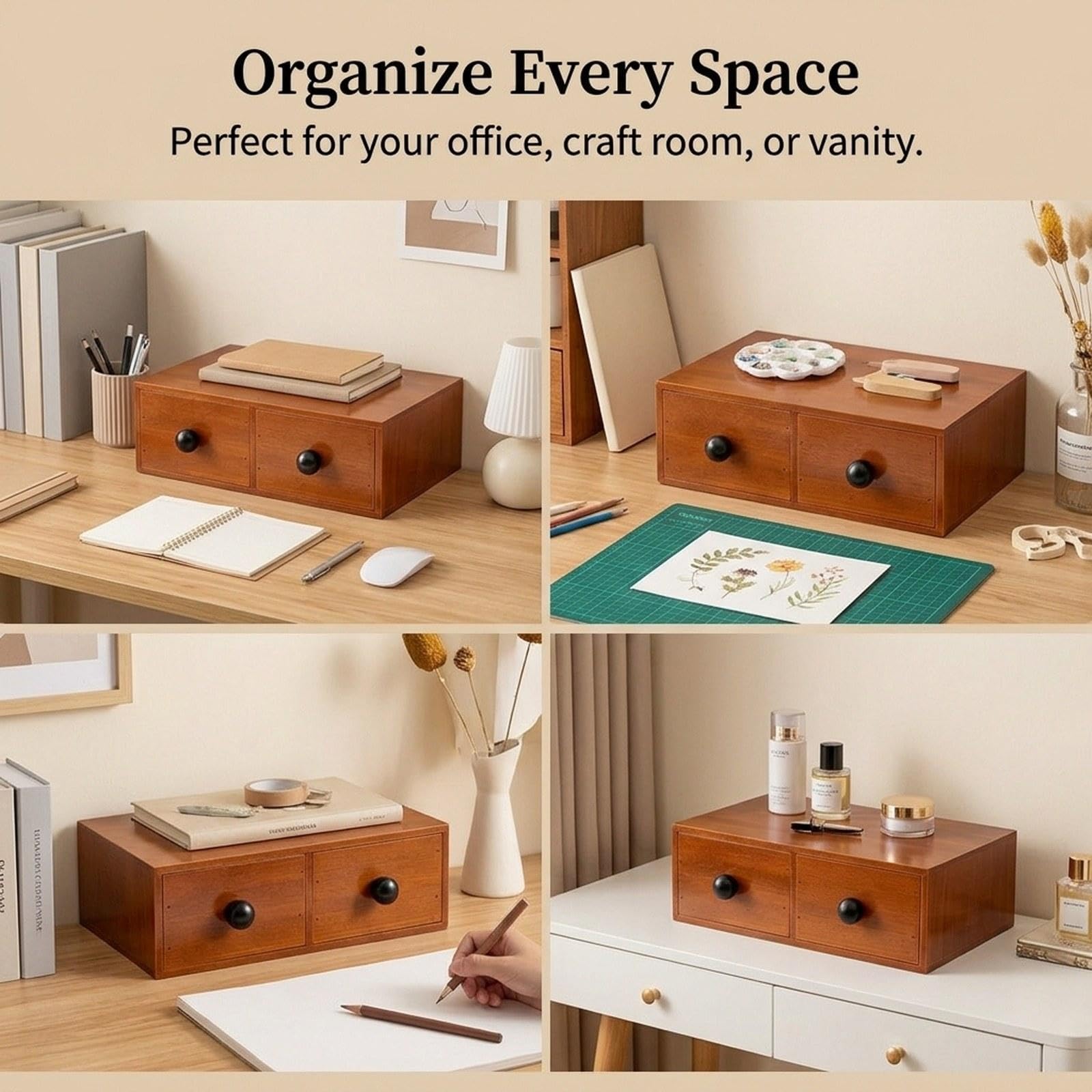 Organizzatore Da Scrivania con Cassetti, Scatola Portaoggetti in Legno per Ufficio, Decorazione O Regalo, 2 Cassetti