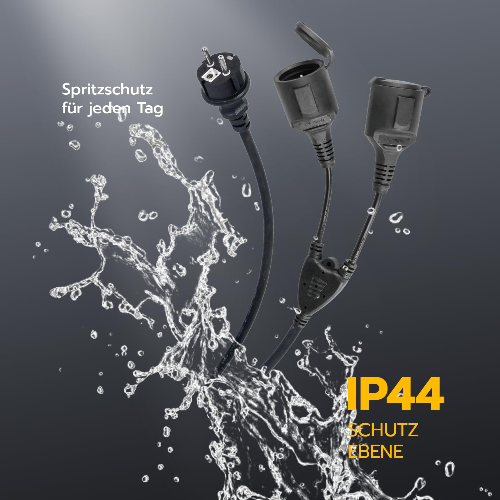 Cavo di prolunga con prese Schuko 20 m, 16 A, 250 V, per esterni, IP44, impermeabile, doppio connettore esterno per giardino, ufficio e casa