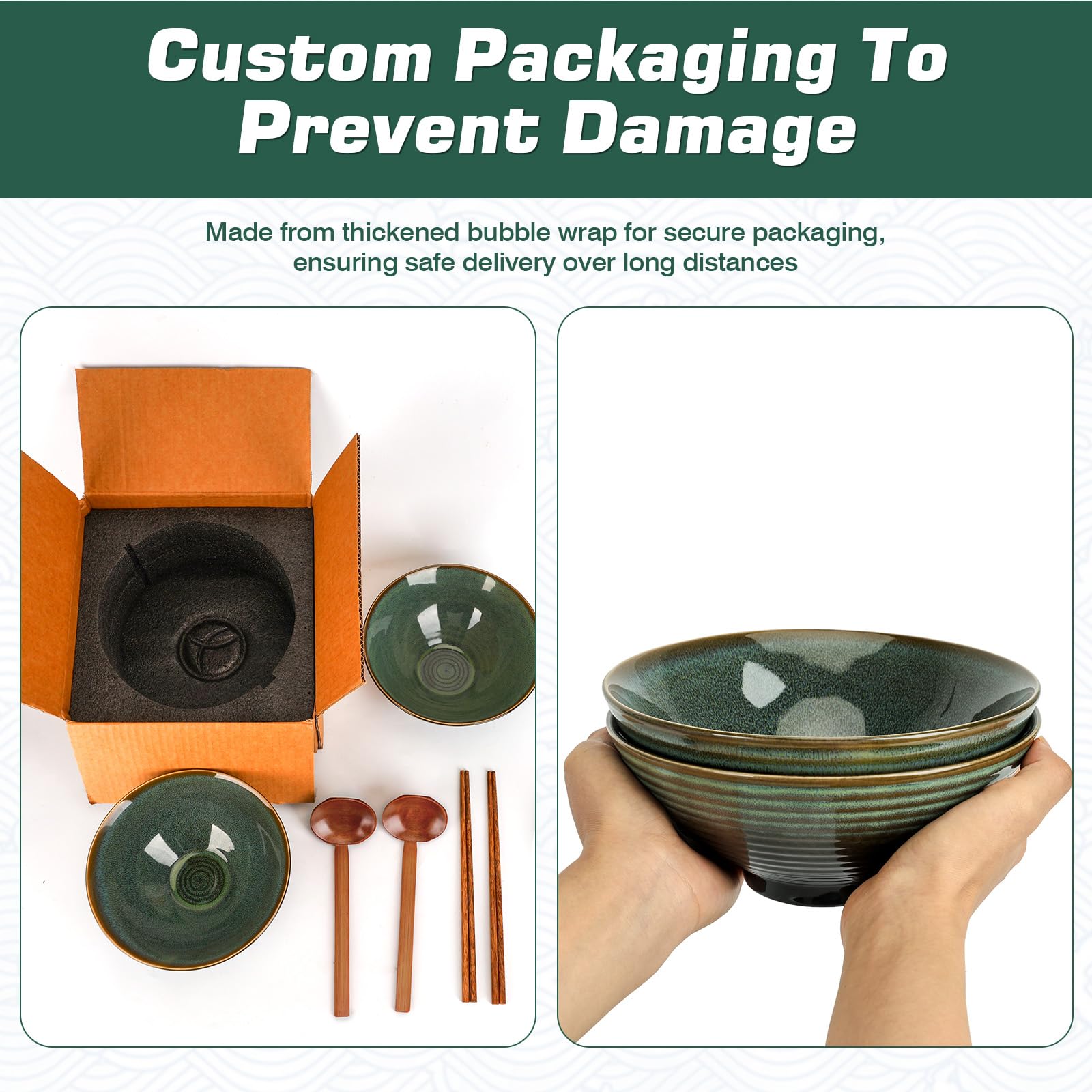 1200ML Ciotola Ramen con Bacchette e Cucchiai, 2 Set Ramen Bowl in Ceramica con Smalto Verde Cambiato in Forno,Ciotole Ramen Giapponesi, Ciotole per Ramen, Zuppa, Insalata, Muesli