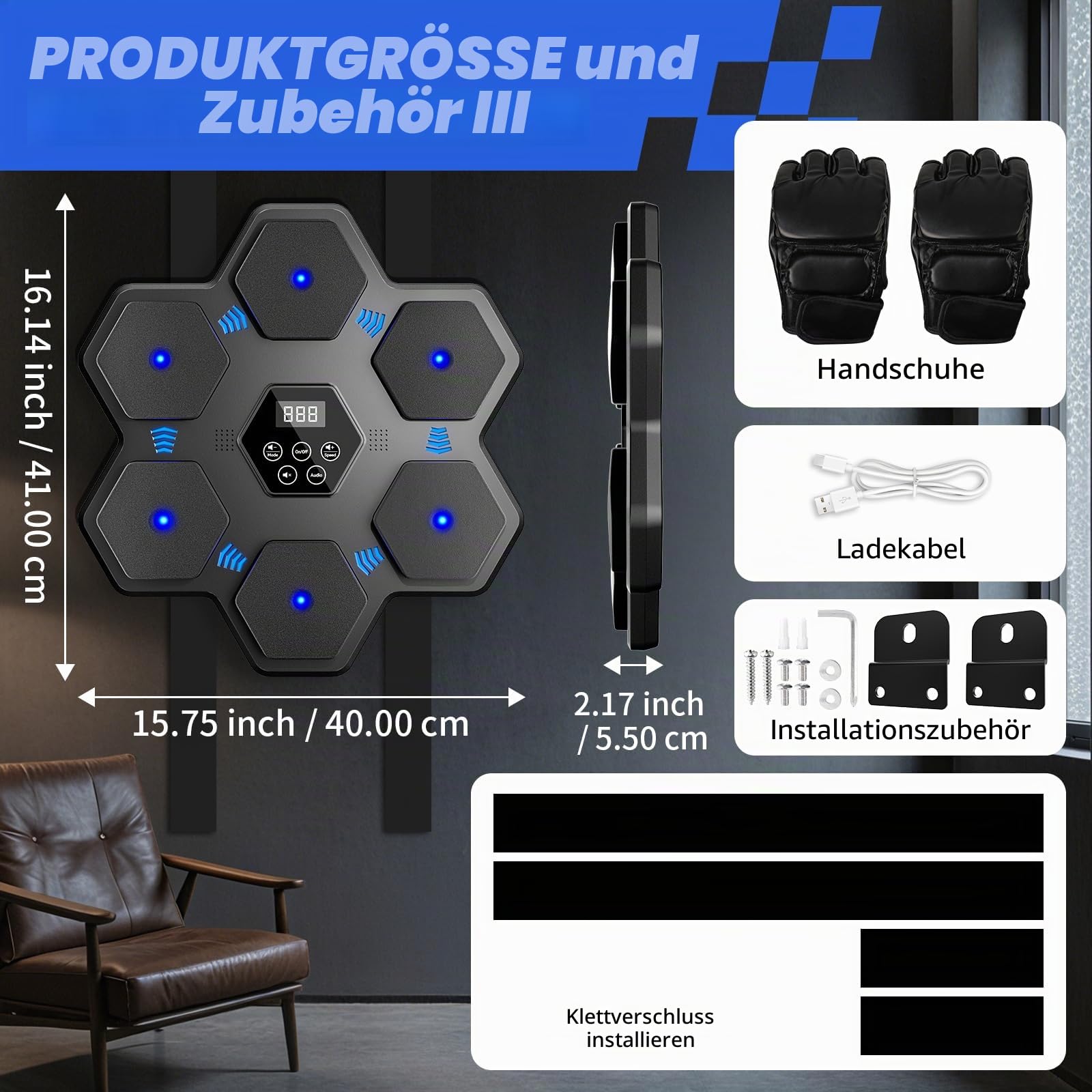 Musikboxmaschine, Boxen Wandmontage Maschine mit Handschuhen, Smart Bluetooth interaktive Punching Trainer mit LED-Display, geeignet für Home Office Gym, Fitness Training & Stress Relief