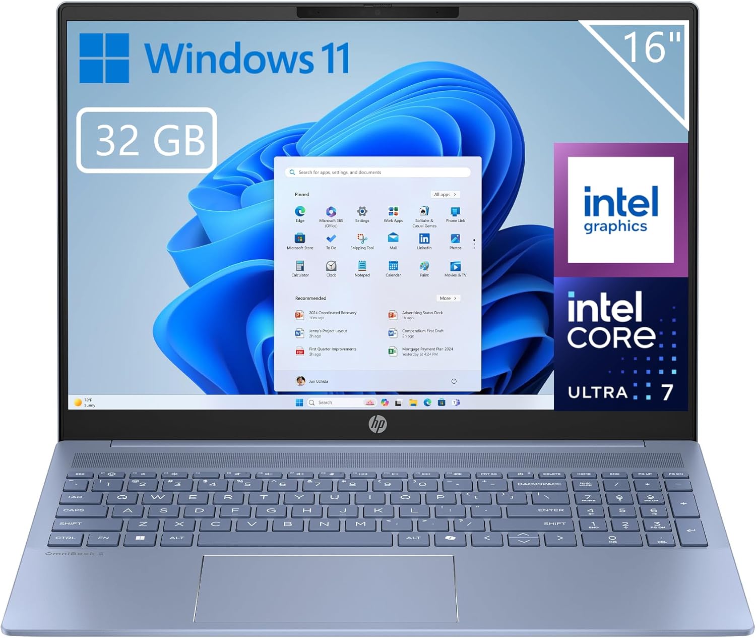 HP OmniBook 5 – Ordenador portátil de 16″ 2K (Procesador Intel Ultra 7-255U, 32GB RAM, 1TB SSD, Intel Graphics, Windows 11) Azul – Teclado QWERTY Español