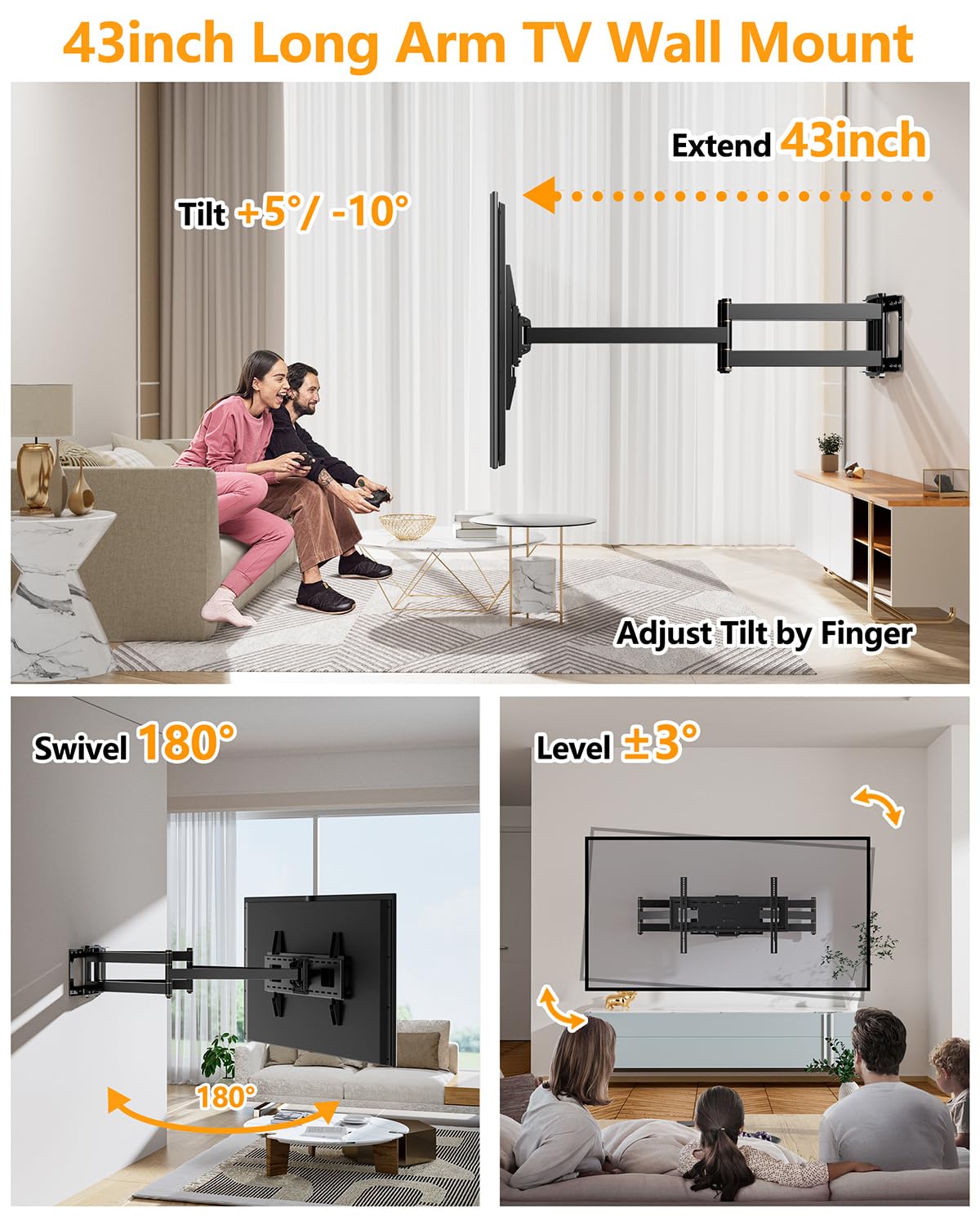 FORGING MOUNT Supporto da parete per TV a lunga portata 109cm, doppio braccio articolato Full Motion Tilt e girevole per TV da 42 a 95 pollici, carico massimo 75 kg,VESA 600x400mm