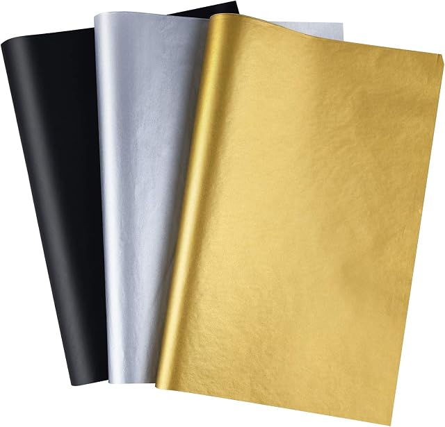 CHRORINE 45 Sheets Metallic Tissue Paper Bulk Wrapping Paper Gold Silver Black Art Paper Crafts for Graduation Wedding Birthday