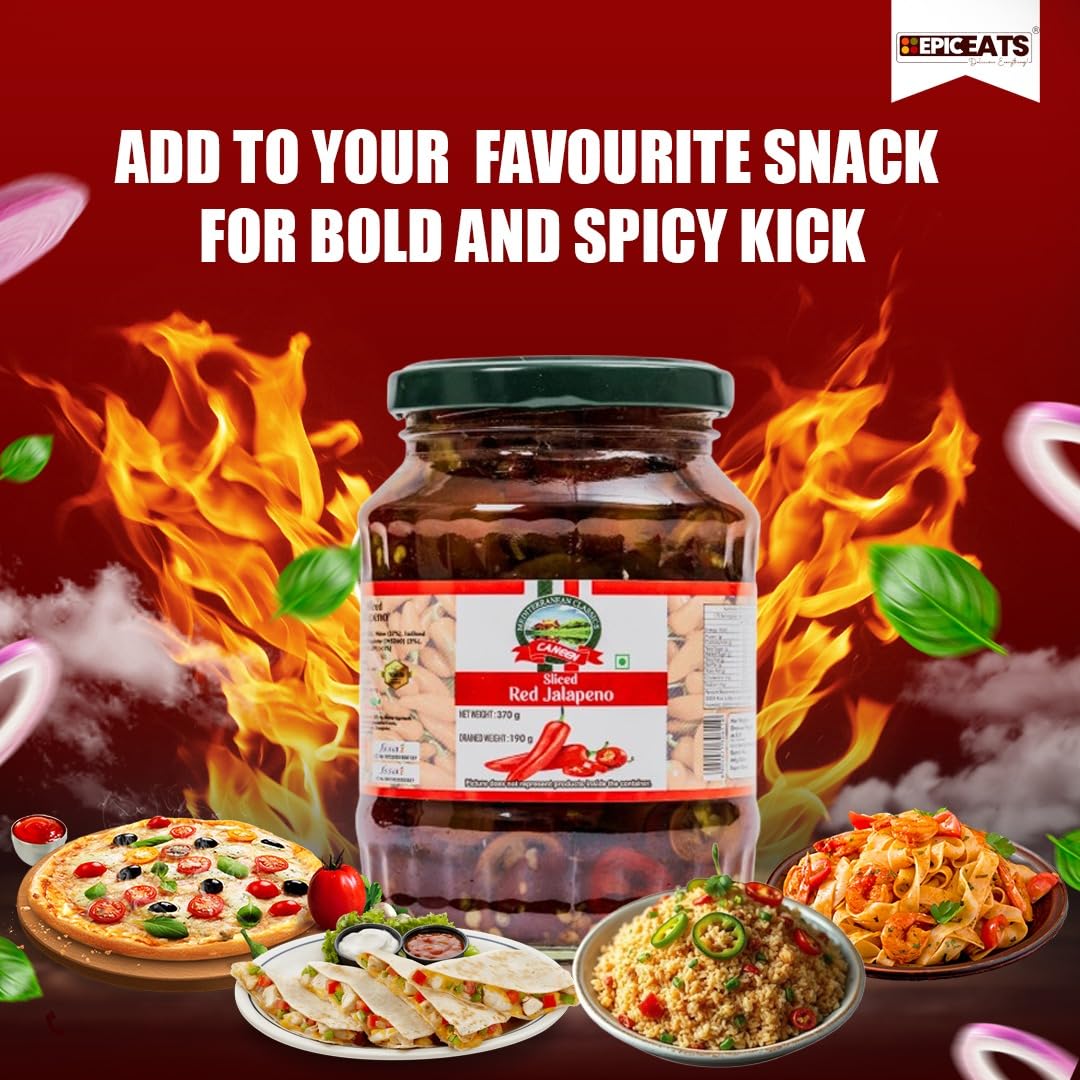 CANEEN Red Jalapeno Slices 370gm I 100% Vegan I Ready-to-Eat Fibre-Rich Topping for Pizza, Pasta, Snacks and Salads | Non-GMO (Pack Of 1) 1