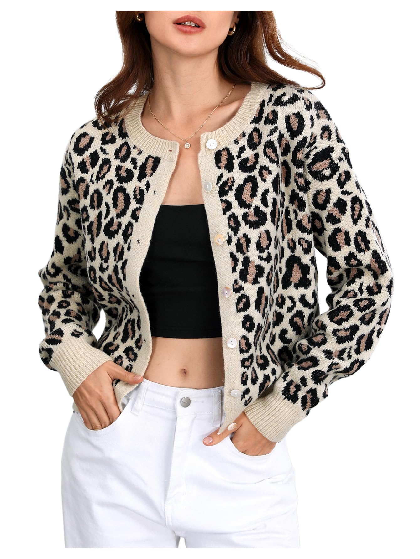 Womens Cheetah Cardigan Sweater Y2K Leopard Print Cardigans Drop Shoulder Button Down Sweaters Crewneck Knit Top