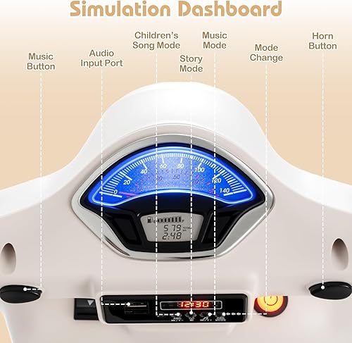 Miniatura 9 de OLAKIDS - Scooter Vespa con licencia para niños, motocicleta eléctrica de 12 V con ruedas de entrenamiento, luces LED, cuerno de modo historia