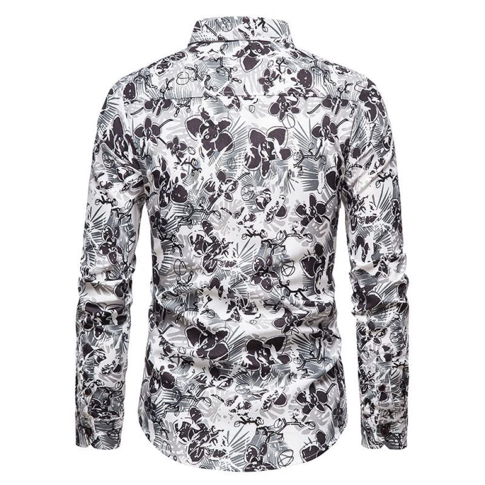 HGJH Hawaii Hemd, Herrenhemd Slim Fit Grau Blumen Blätter Ölgemälde Druck Hawaiihemd Kubakragen Dunkelgrau Langarm Button Down Weiches Strandhemd Henley Hemd Für Männer Jungen