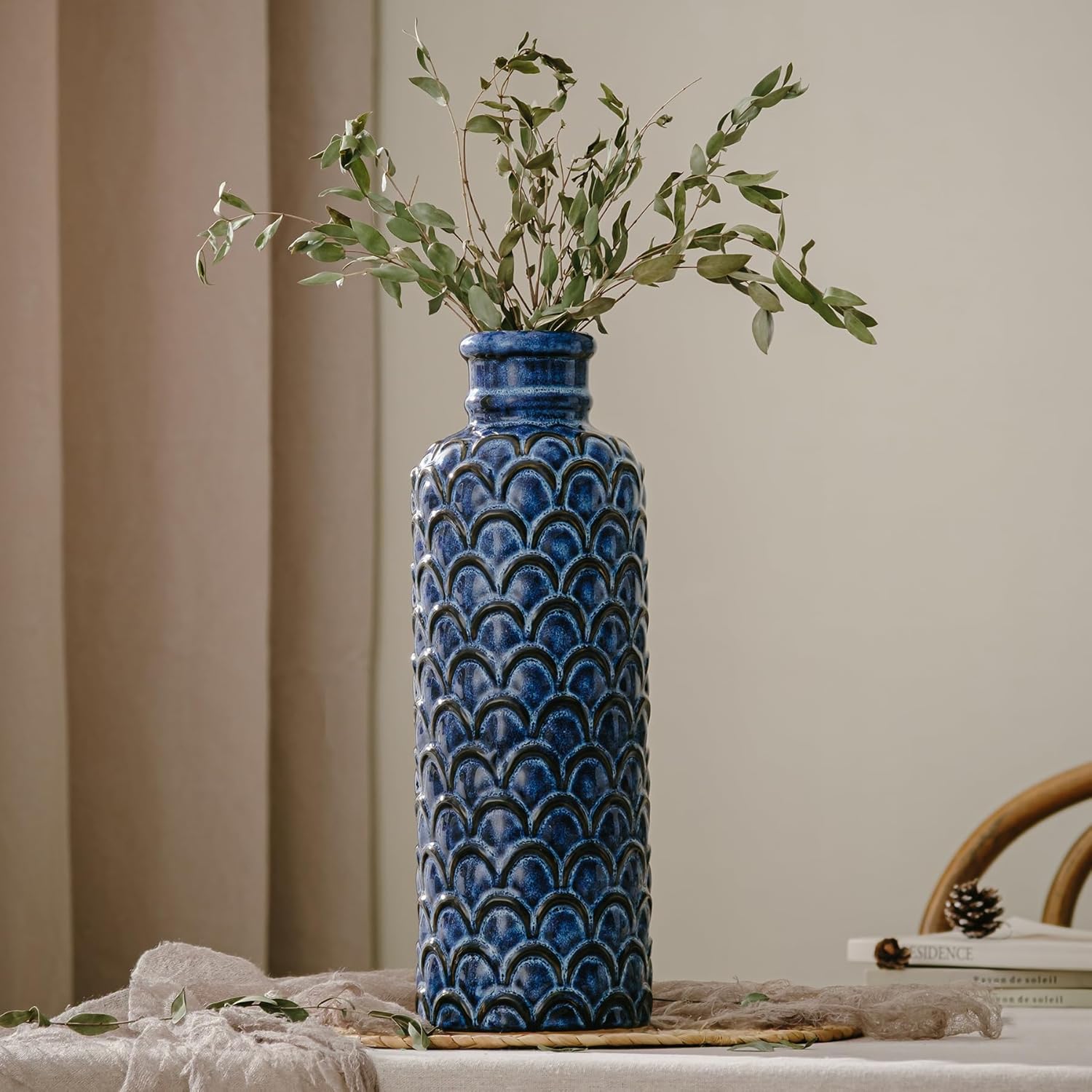 13.98” Tall Blue Ceramic Flower Vase, Large Rustic Farmhouse Decorative Vase for Home Decor, Centerpiece, Living Room, Bedroom, Kitchen