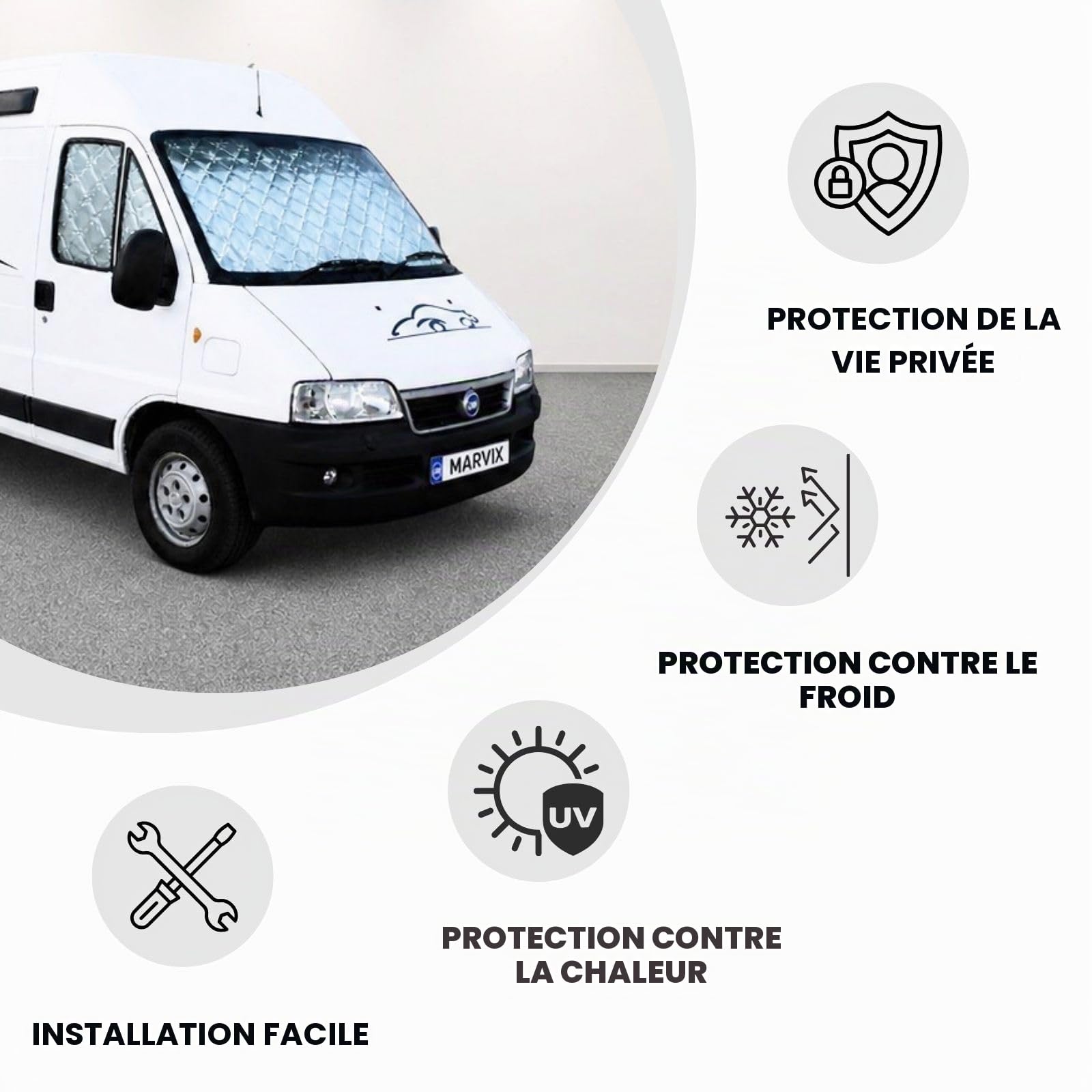 Marvix Rideau thermique pour pare-brise de cabine interne à 9 couches de qualité supérieure pour Fiat Ducato, Boxer & Relay 1994-2005 pour camping-car et fourgon isolant