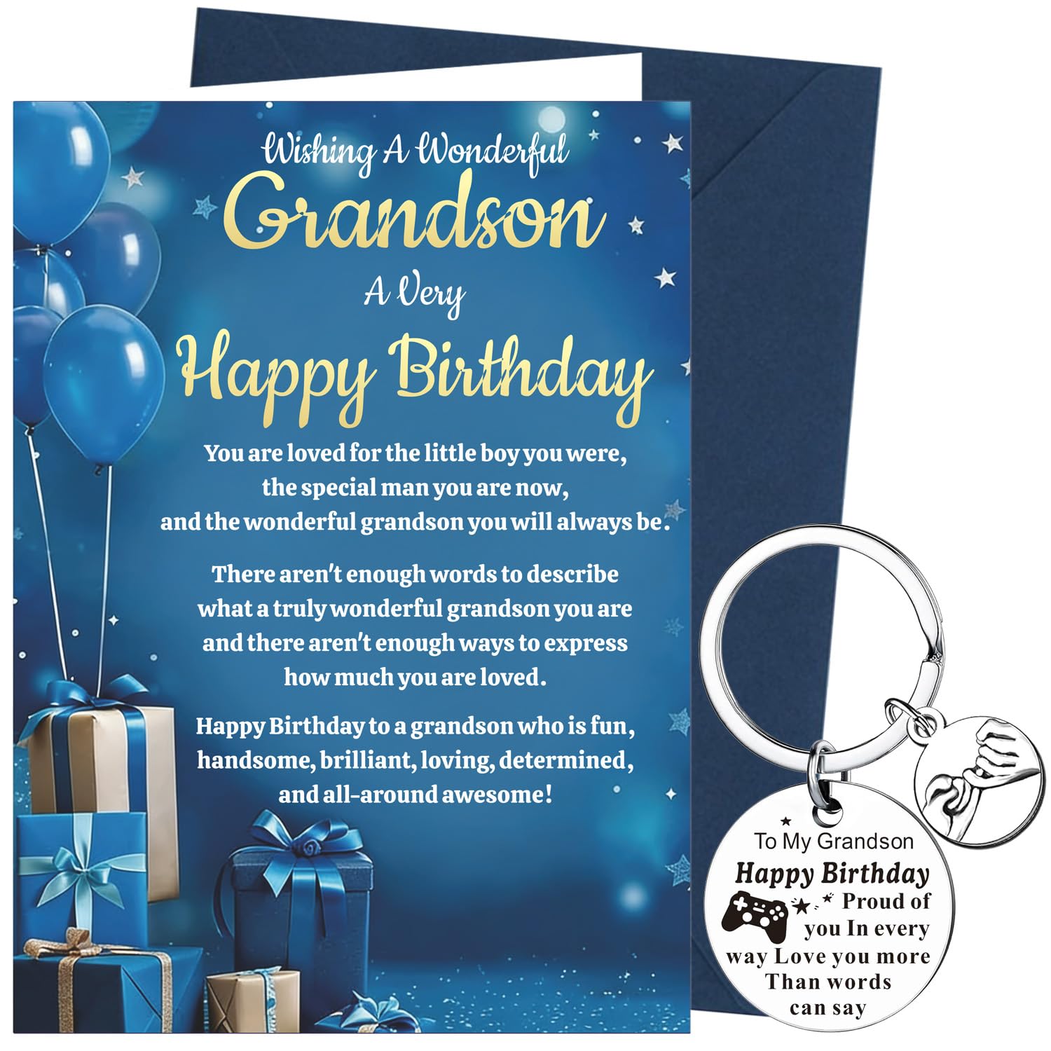 XINDY Birthday Card for Grandson, Sentimental Wording Happy Birthday Card Grandson Keyring Gifts for Him, Boys, Men from Grandparents with Envelope