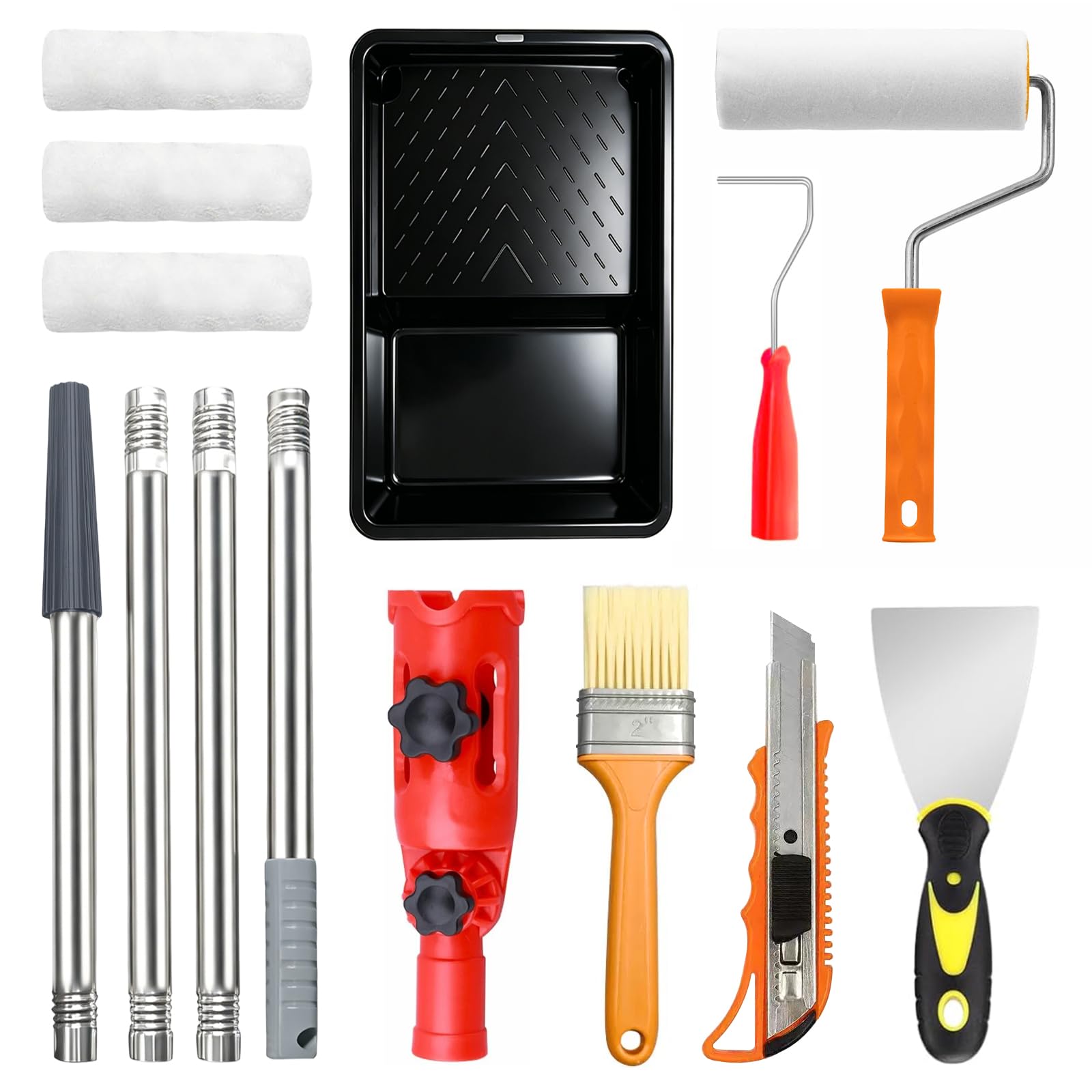 Paint Roller Kit, Paint Rollers, Paint Brushes for Wall, Tray, Roller Brush, 14 Piece Home Painting Supplies, Washable, Reusable, Easy to Clean, Superior Absorbency
