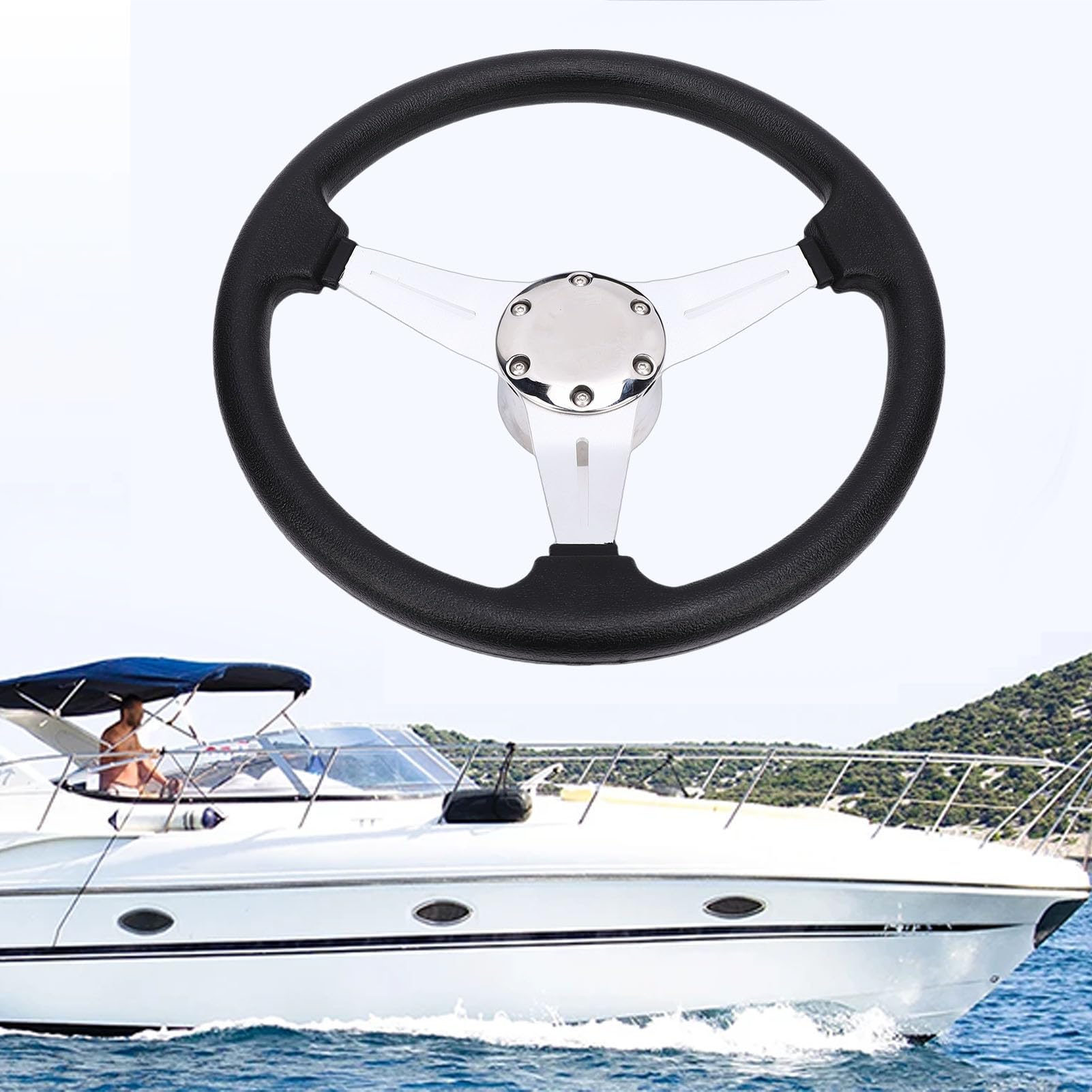 Bootslenkrad, 348-mm-Lenkrad mit Rahmen aus Aluminiumlegierung, Abdeckrad aus Edelstahl 316 mit Schwarzem Schaumstoffgriff, Ideal für Yachten, Schnellboote, Fischerboote und Pontons