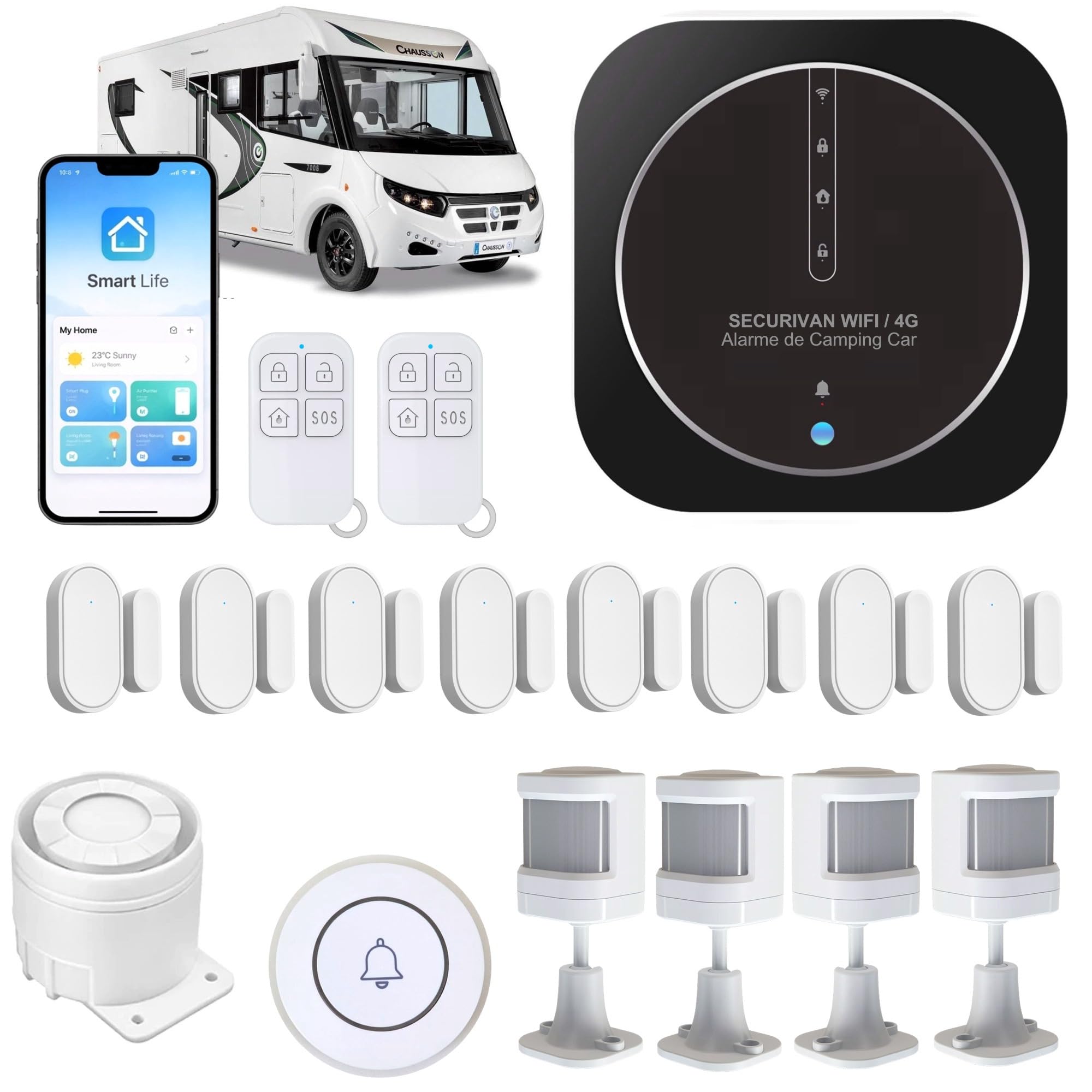 Alarme de Camping Car – WIFI/4G – Surveillance 24h/24h – Alerte sur téléphone - 2 Sirènes – Basse consommation – Adapté aux cloison Alu/Polyeste - Pas de Fausse Alarme – Expédiée programmée –