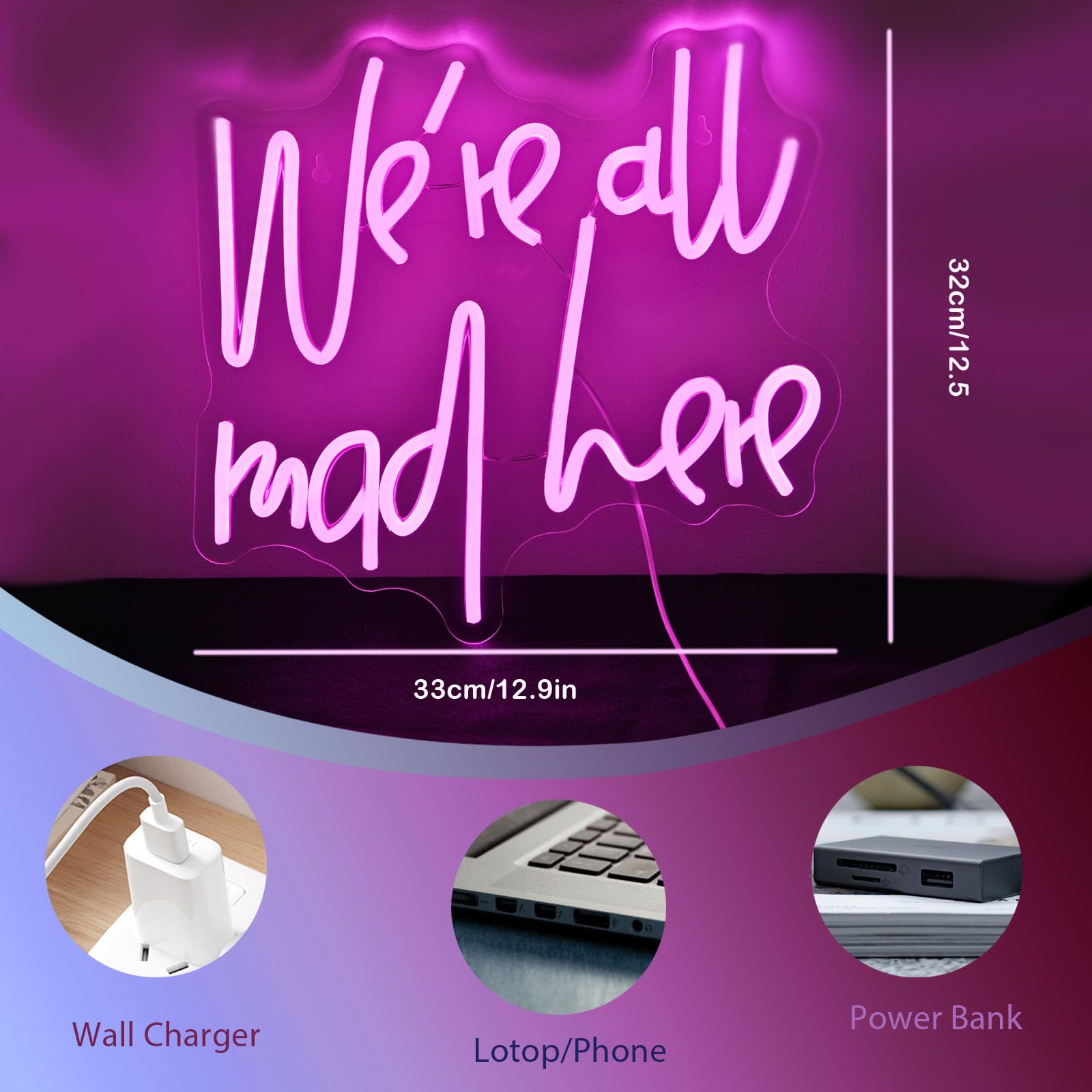 Neonowy znak 'We're all Mad Here' ściemnialne neonowe znaki na ścianę, LED, różowa litera, neonowe światła znak do domu, baru, jaskini, piwa, kawiarni, bistro, klubu, na imprezę, prezent dla