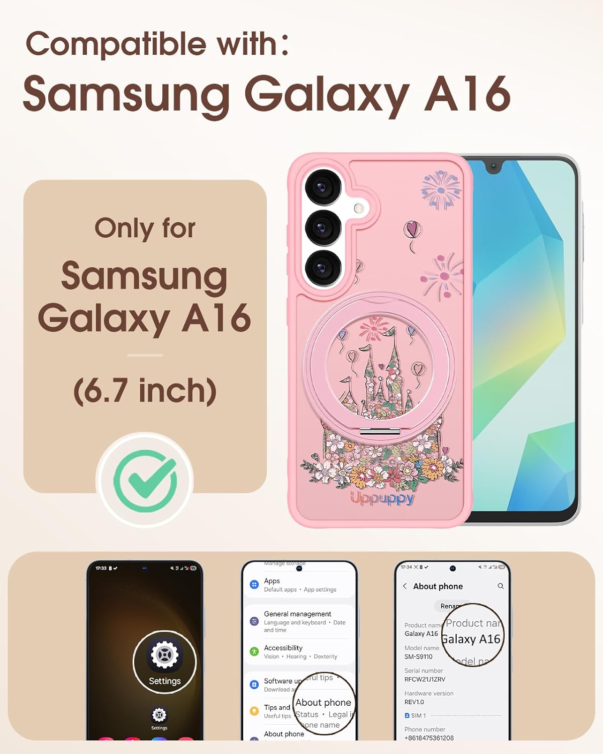 Uppuppy for Samsung Galaxy A16 4G/5G Case- Compatible with MagSafe for Women Girls Bulit-in 360° Rotatable Magnetic Ring Holder Kickstand Cute Aesthetic Pink Castle Design for Samsung A16 Pink Castle for Samsung A16
