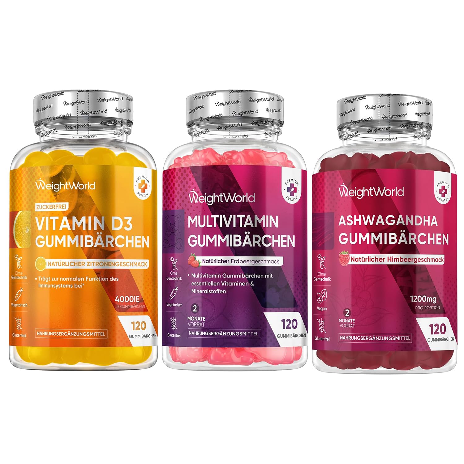 Vitamin D3 + Ashwagandha + Multivitamin Gummibärchen - je 120 Stück pro Packung - Fruchtige Geschmacksrichtungen - 3-in-1-Gummibärchen-Set - Glutenfrei - WeightWorld