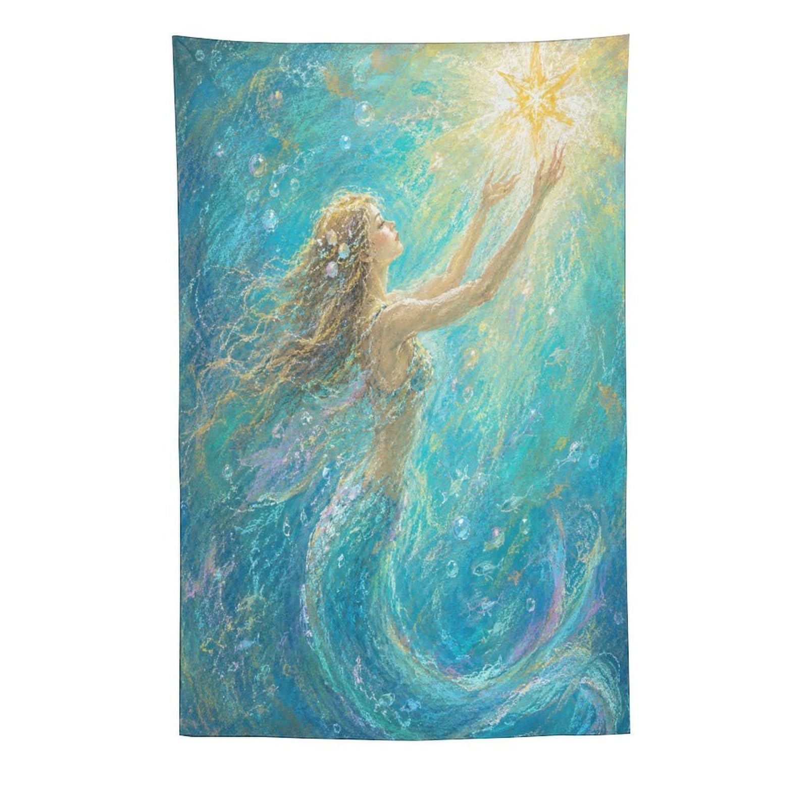 H3B8U2Y5 Mermaid Reaching for Light Wall Tapestry, Ethereal Fantasy
