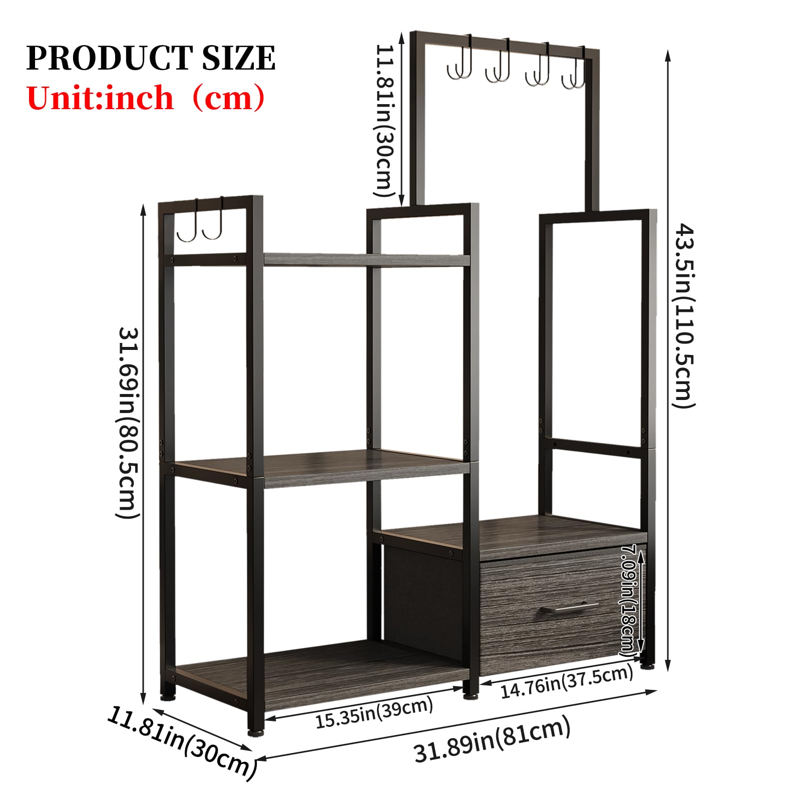 Organizador de bolsos – Estante de almacenamiento de 3 niveles con cajón extraíble y 6 ganchos, estante de alta capacidad, marco de metal con estantes de madera para armario/dormitorio (gris