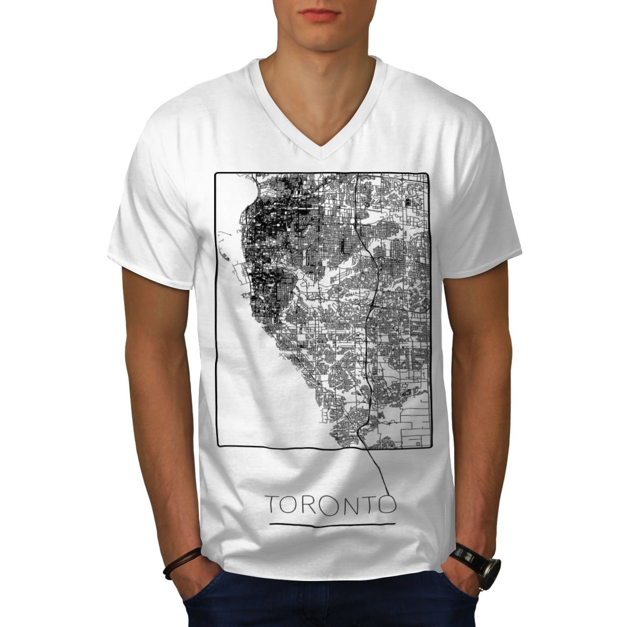 APSRA RETAIL Canada Toronto City Mens V-Neck T-Shirt, Town Map Graphic Print Tee 6139 White