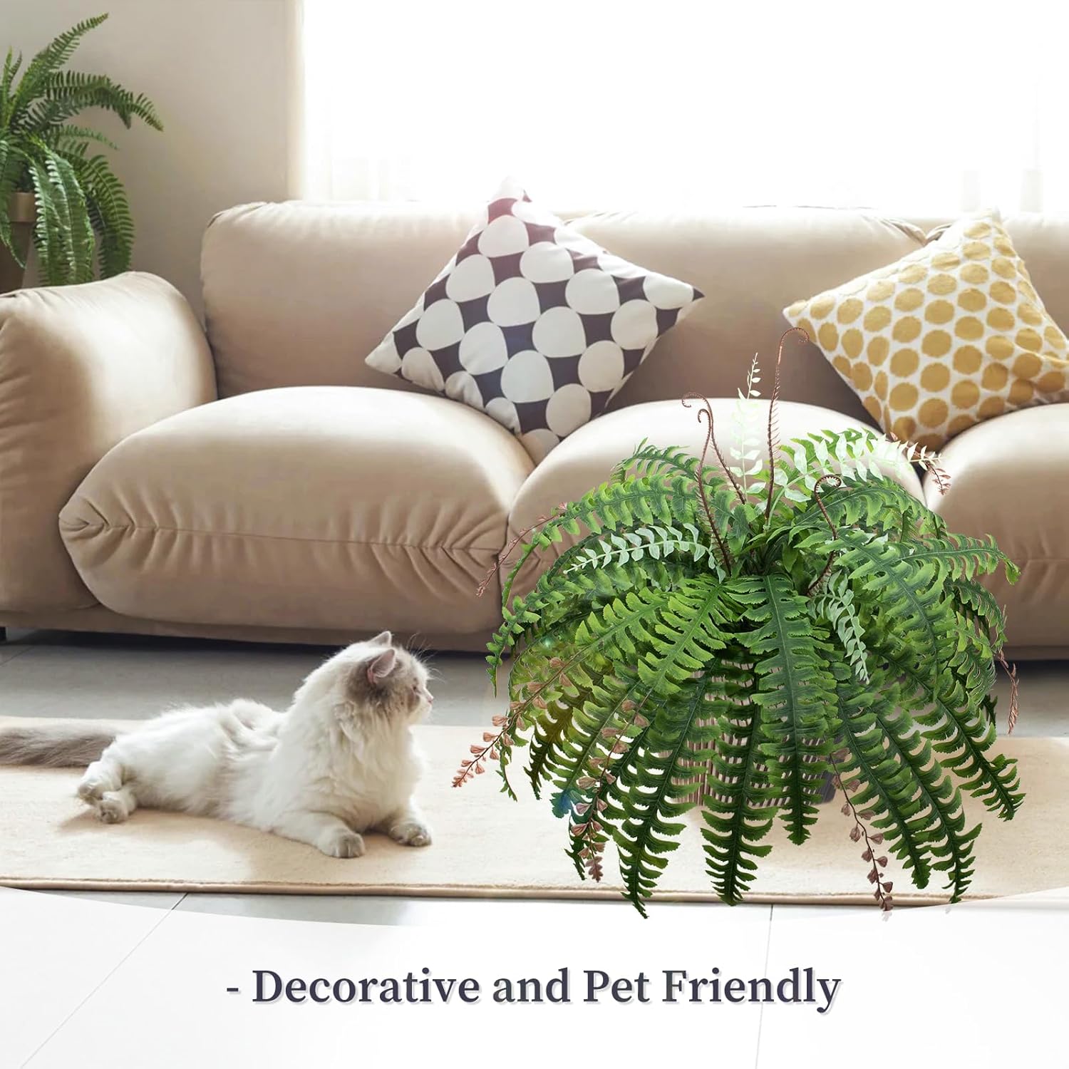 37-in Artificial Boston Fern Large Hanging Plant, Set of 4, Fake Ferns That Look Real for Home and Office Decor, Faux Fern Vines with 36 Fronds for Each Bouquet（Without Basket）