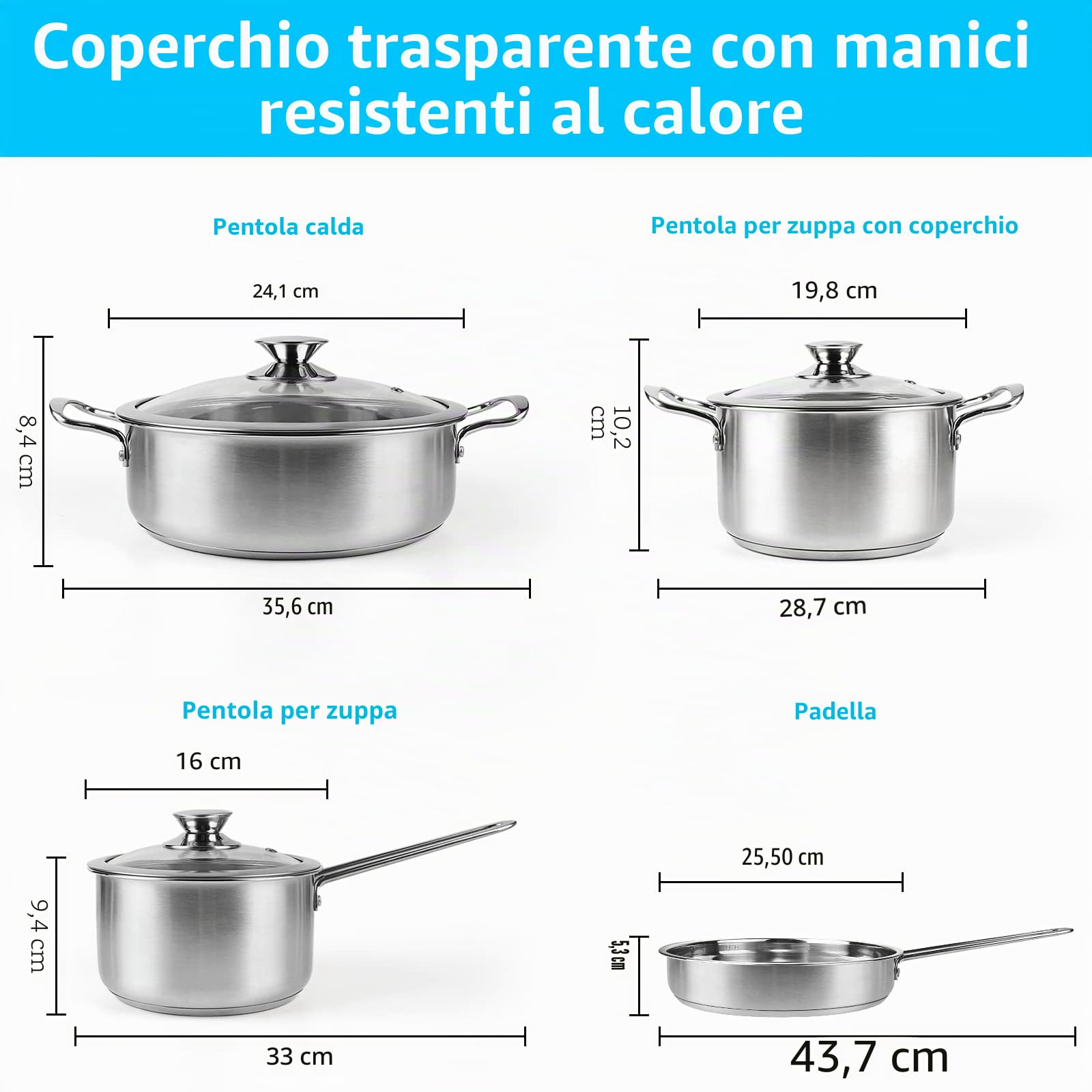 Set di pentole e padelle in acciaio inox, 7 pezzi, con coperchi in vetro, manico per mantenere il freddo, adatto al forno, funziona con piani cottura a induzione/elettrici e a gas, lavastoviglie