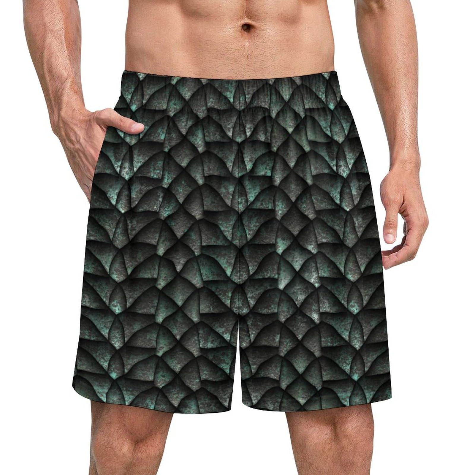Dragons Scales Shorts Male Beach Short Pants Elastic Waist Sleep Pant Loose Trunks Hiking Bottoms 2XL Green