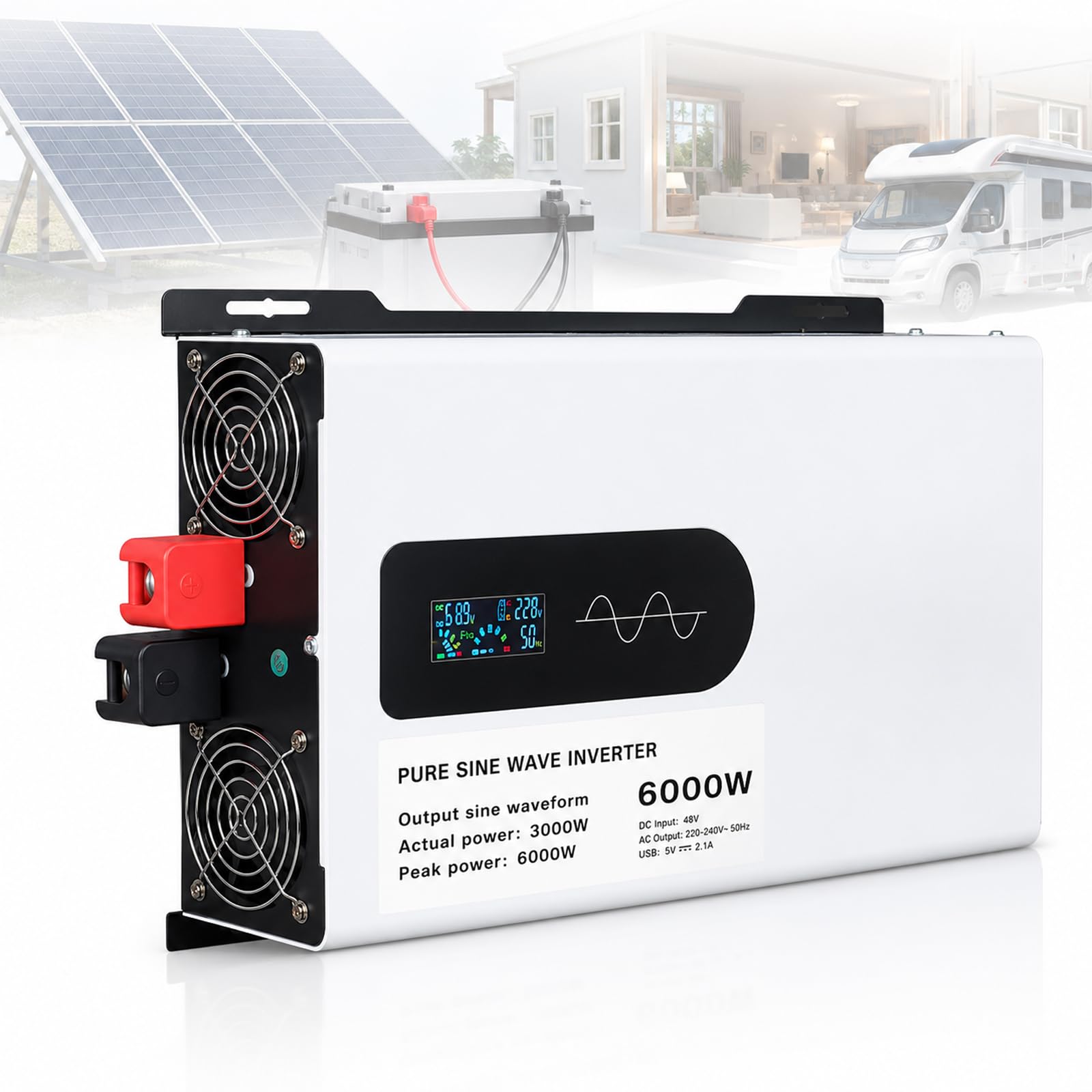 Inverter Ibrido Solare da 6000 W, Convertitore di Tensione Inverter A Onda Sinusoidale Pura Ad Alta Potenza, 3000 W Continui, 6000 W di Picco, Display LCD, Protezione Multipla, 96V