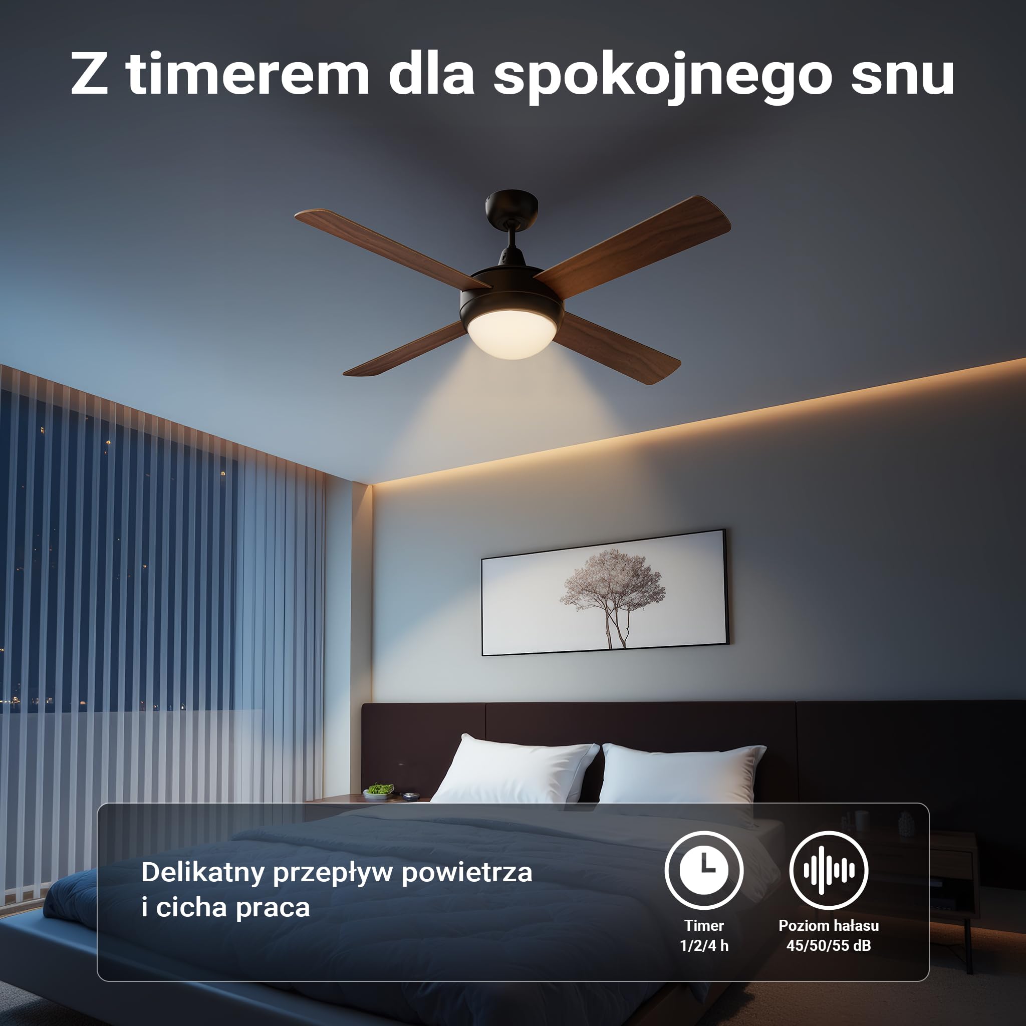 Wiltec Wentylator sufitowy Ø 122 cm z lampą, 4 łopatkami i 3 prędkościami, wiatrak z pilotem, timerem na 1/2/4 godziny, trybem letnim i zimowym