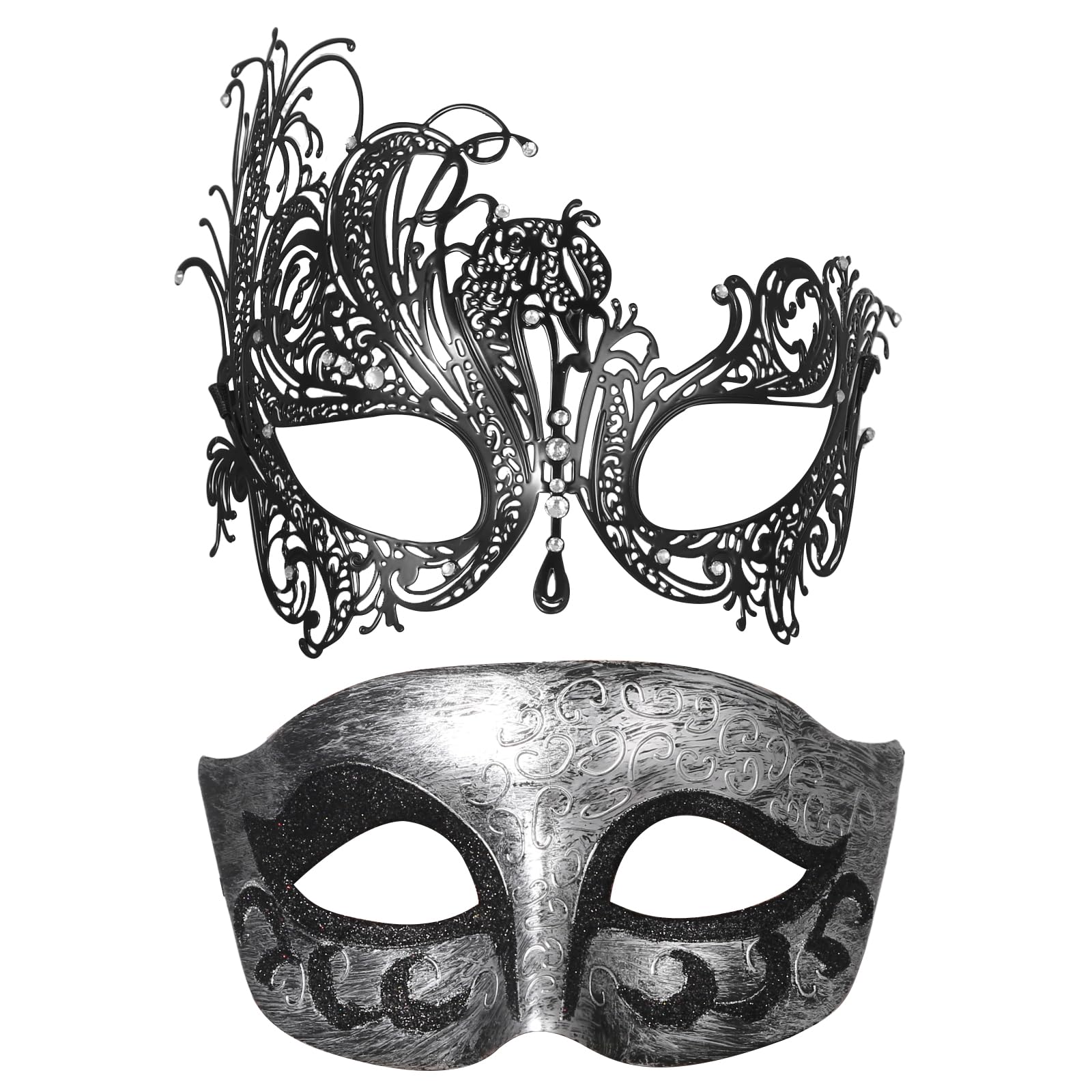 Oidea Couple Masquerade Mask Set: Sparkling Rhinestone Metal Venetian Party Mask Halloween Wedding Cosplay Costume Prom Mardi Gras Masks for Women and Men Black