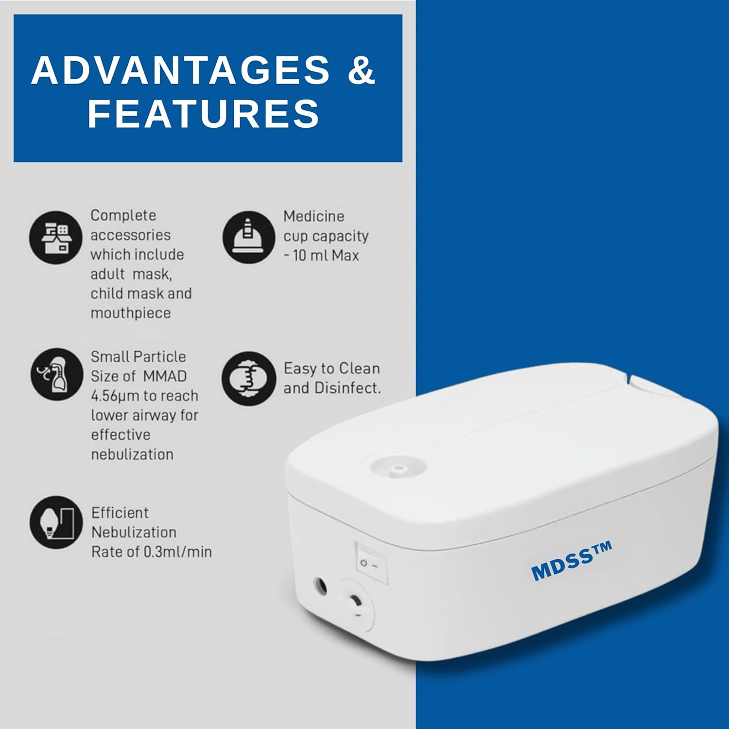MDSS Compressor Nebulizer Machine for Adults and Children | Steam inhaler for cold, cough, asthma, sinuses and breathing relief. Home use Nebulizer Kit with Mask and Mouthpiece - White MDSS Compressor Nebulizer Machine for Adults and Children | Steam inhaler for cold, cough, asthma, sinuses and breathing relief. Home use Nebulizer Kit with Mask and Mouthpiece - White