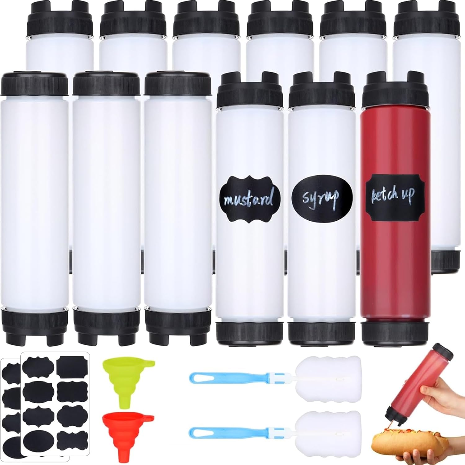 mwellewm 12 Pc Condiment Squeeze Bottles for Sauces 16 Oz Ketchup Bottles Squeeze Plastic Mustard Dispenser Refillable Tip Large Valve Squirt Bottles for Liquids Reusable Kitchen Condiment Container