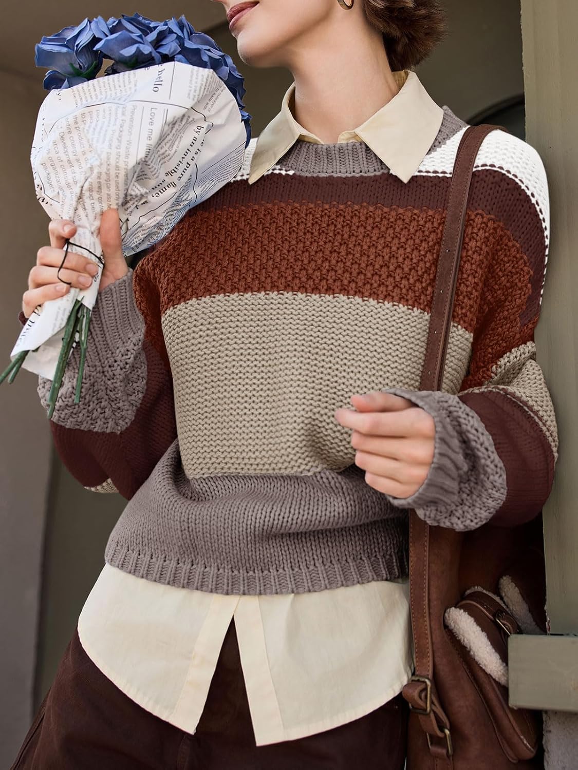 Saodimallsu Womens Color Block Cropped Sweaters 2025 Winter Trendy Casual Oversized Y2k Going Out Striped Pullover Tops - Image 2